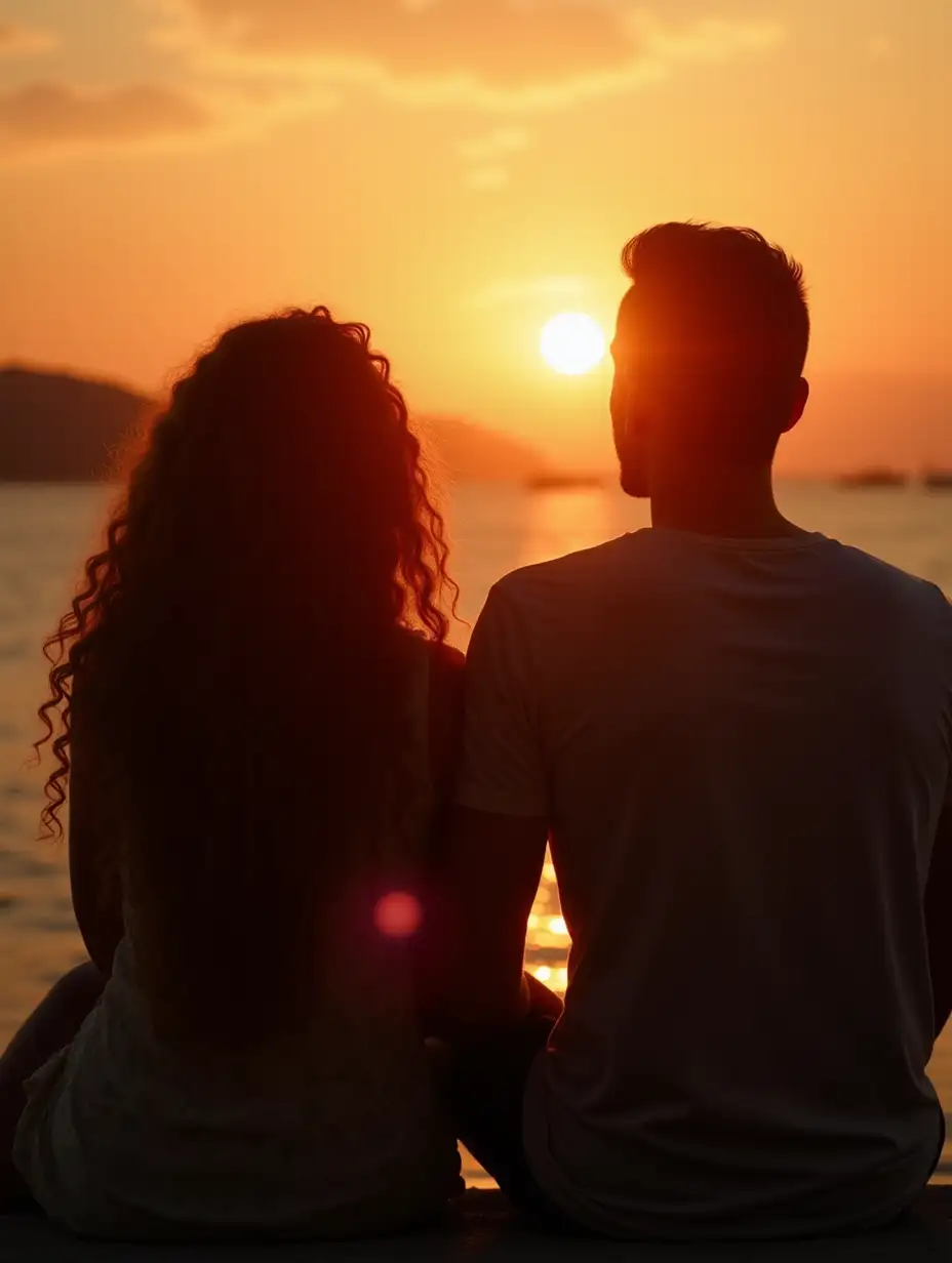 The sun sets in the woman's hair with long curls, watching the sunset while her husband sits next to her.