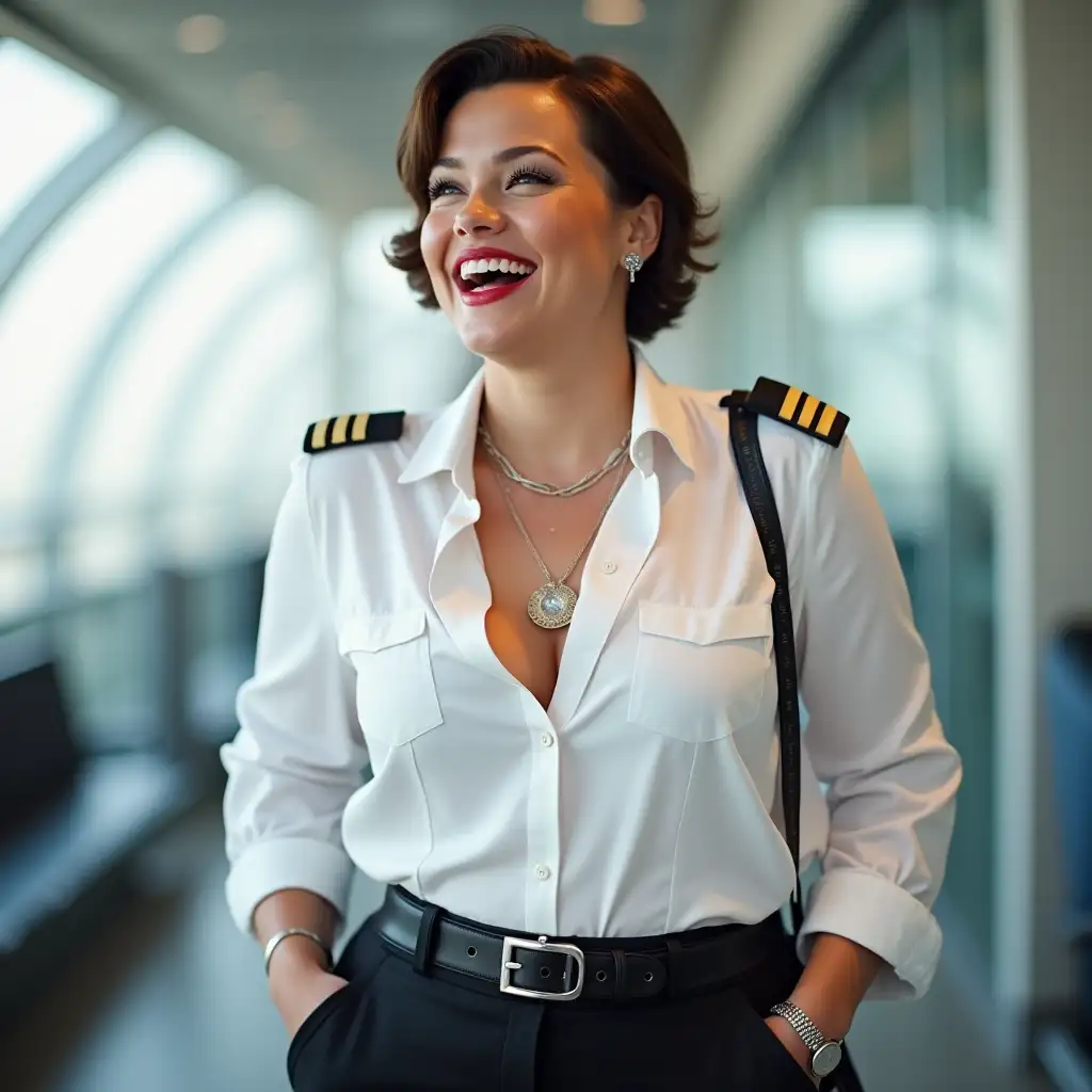 white norvegian curvy pilot lady, in white unbuttoned pilot shirt, laughing with her mouth open, red lipstick accentuating her smile,belt on waist, big wide hips, chest are fully grown, jewerly, short hair, HD, enjoying at airport , photo-realism