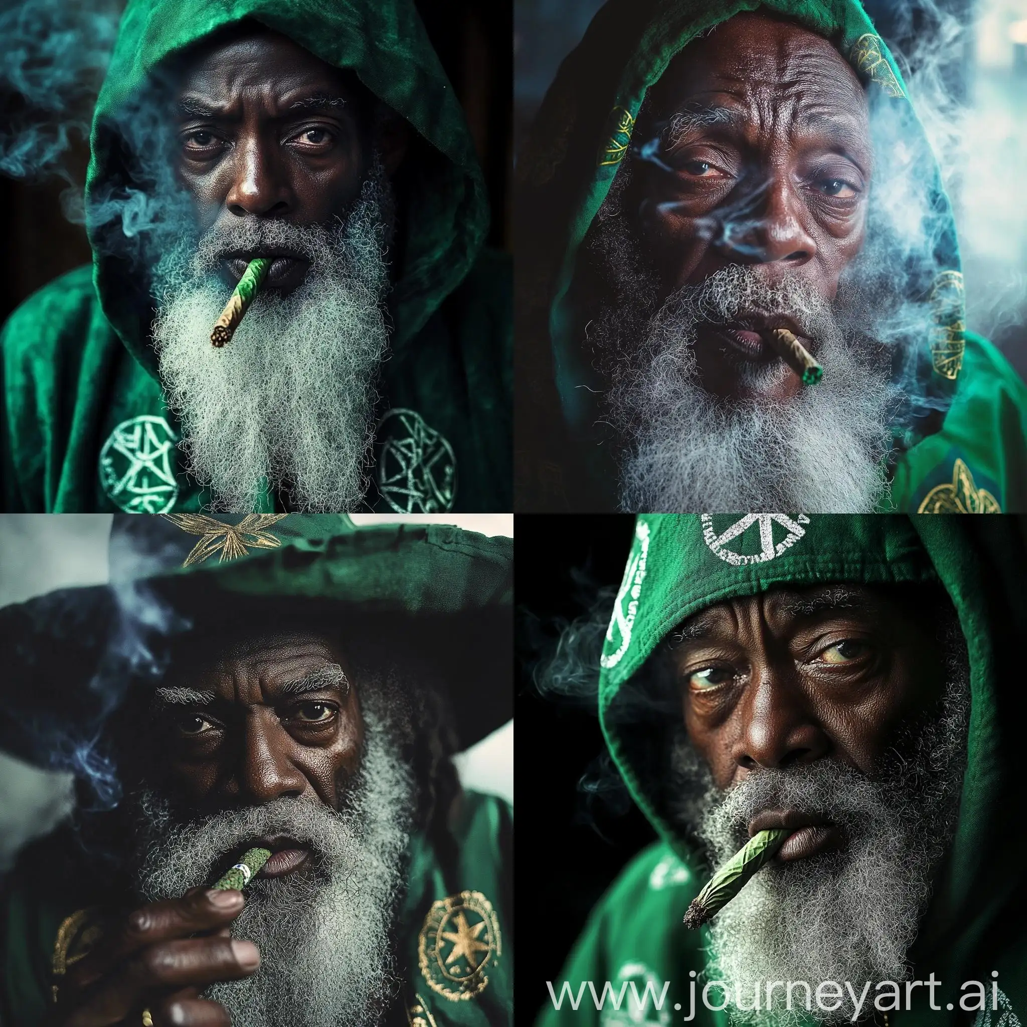 Elderly-Jamaican-Wizard-in-Green-Marijuana-Robe-Smoking-Blunt