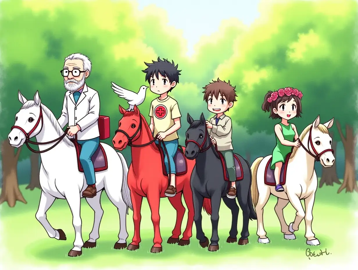 Background - green spring forest. Four riders from left to right. The first rider, an elderly man with a beard in glasses on a white horse in a white medical coat with a medical bag on a strap with a red cross. The second rider, a young intelligent-looking boy on a red horse, with a large emblem of the Pacific boy on the boy's shirt and a white dove sitting on his shoulder. The third rider on a black horse, a chubby guy who bites a bun. The fourth rider, a sweet girl in a green dress and a wreath of roses on a pale horse. Pencil drawing.