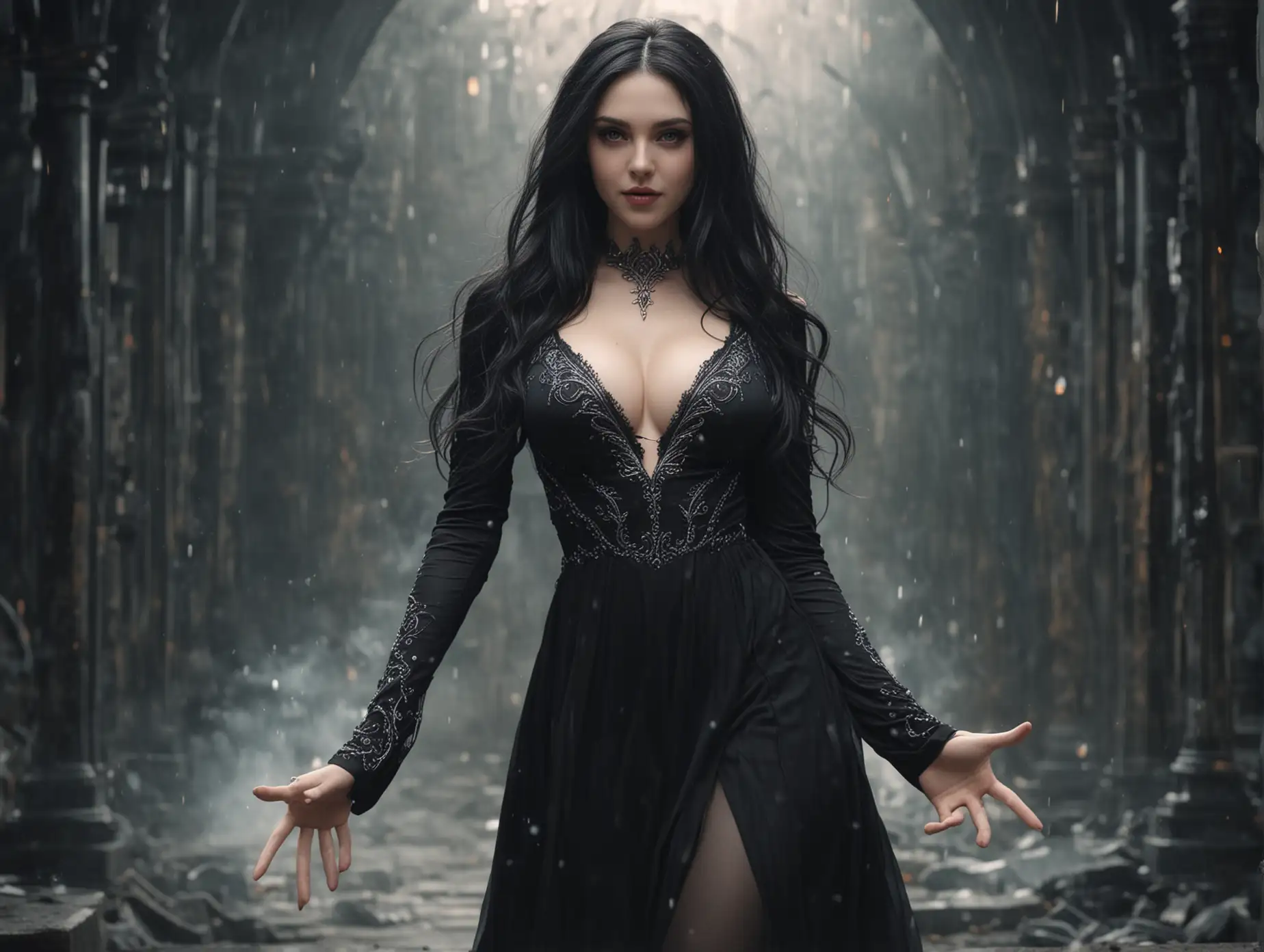 (Masterpiece, Top Quality, Best, Official Art, Beautiful and Aesthetic, Long Exposure: 1.2), Smooth Movement, Charming Patterns, elf sexy evil woman, (beautiful black long dress with Sleeves: 1.4), (((black Clothes) )), (могучее обоняние: 1.3), лицо крупным планом, (зловещий взгляд: 1.4), bare shoulders, blush, (black long hair: 1.4), black lob hair, blue eyes, (evil smile: 1.4), portrait, solo, (hands up: 1.4), (big breasts: 1.6), (sexy elf evil woman: 1.3), looking at the observer, (black tights: 1.4), detailed background, (Dominant character: 1.4), detailed evil face, black shoes, (crystallineAI, crystalline theme: 1.1), elemental wind elves, rotation Wind, control the wind, white crystal clothing, динамическая поза, floating particles, ethereal dynamics, whirlwind, vapor, whirlwind in the background, white tone, whirlwind, evil atmosphere,