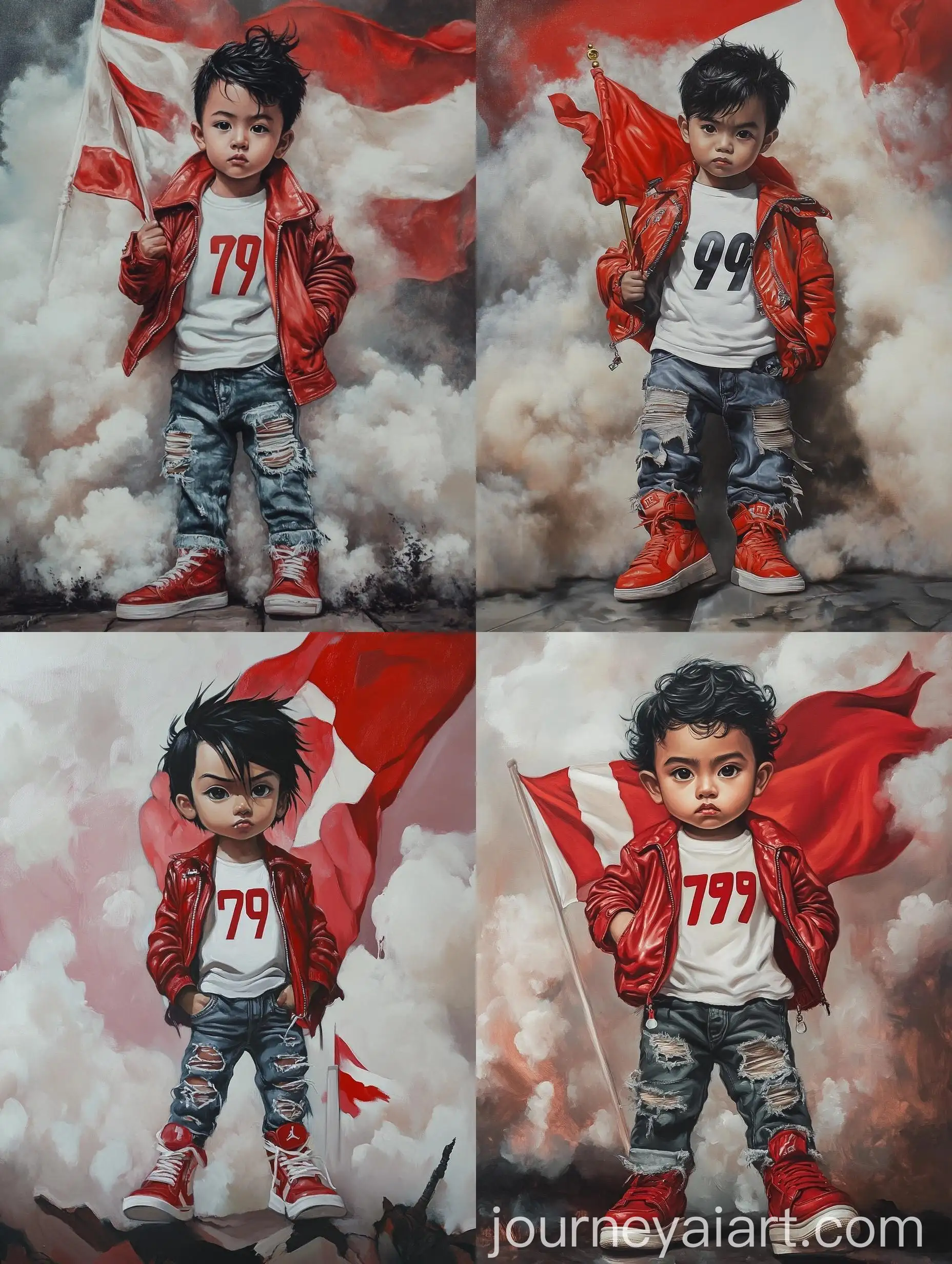 Realistic-4D-Caricature-of-a-Trendy-Indonesian-Boy-with-Flag-in-Dramatic-Setting