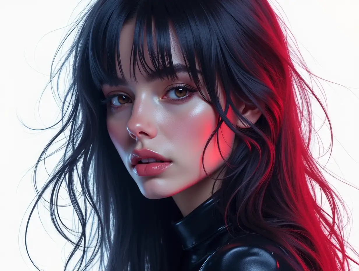 Using acrylic and oil paints of dark but harmonious colors, create, in the style of cyber punk, a beautiful European woman with long hair, perfect face, makeup, thoughtful. white background