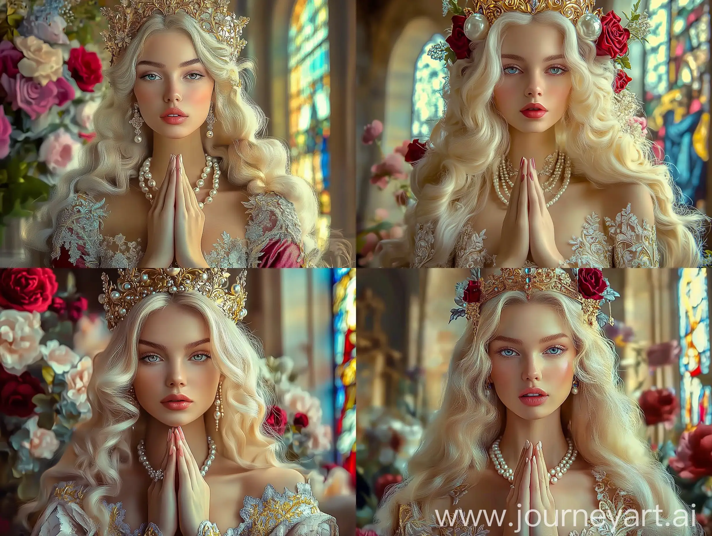 Medieval-Woman-in-Prayer-with-Gold-Crown-and-Cathedral-Background