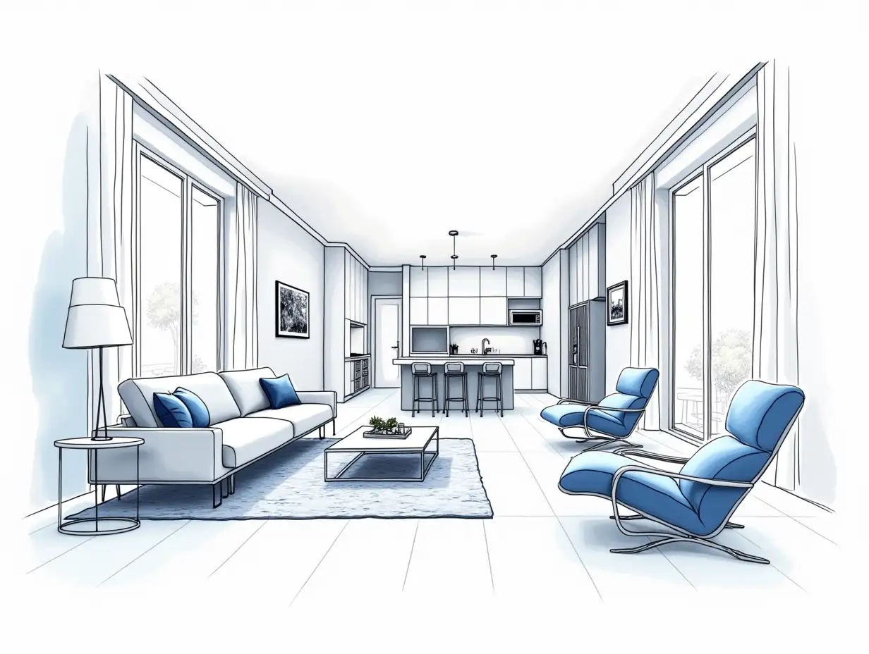 A modern, intricate ink sketch capturing a stunning apartment interior with a perfect blend of elegance and contemporary design. The open-concept space features a bright living room seamlessly connected to a stylish kitchen and dining area. The decor is refined yet inviting, with white and navy blue furniture creating a sophisticated contrast. Large windows allow natural light to flood the room, highlighting carefully curated details—plush seating, sleek cabinetry, and decorative elements that add warmth and character. The background is minimalist yet textured, subtly blending architectural elements and design flourishes. The high-contrast black-and-white composition is accented by selective color highlights, emphasizing the harmony of modern aesthetics.