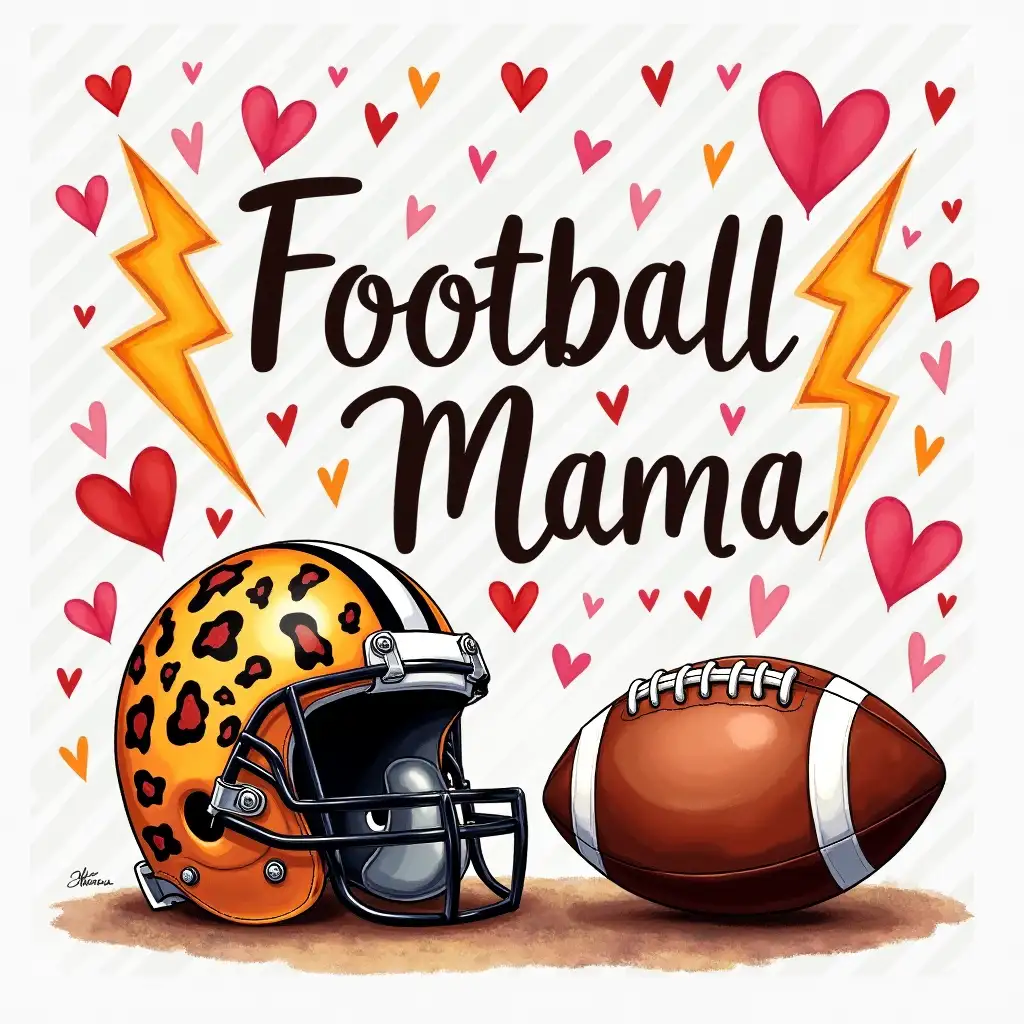 vector, Watercolor, 64k. A vibrant football-themed scene with a playful and energetic atmosphere. A leopard-print football helmet sits beside a brown and white football, surrounded by hearts and lightning bolts. A checkered background adds to the dynamic feel. The overall style is detailed and colorful, with a focus on the excitement and passion of being a football mom. featuring the word 'Football Mama' in bold, center.