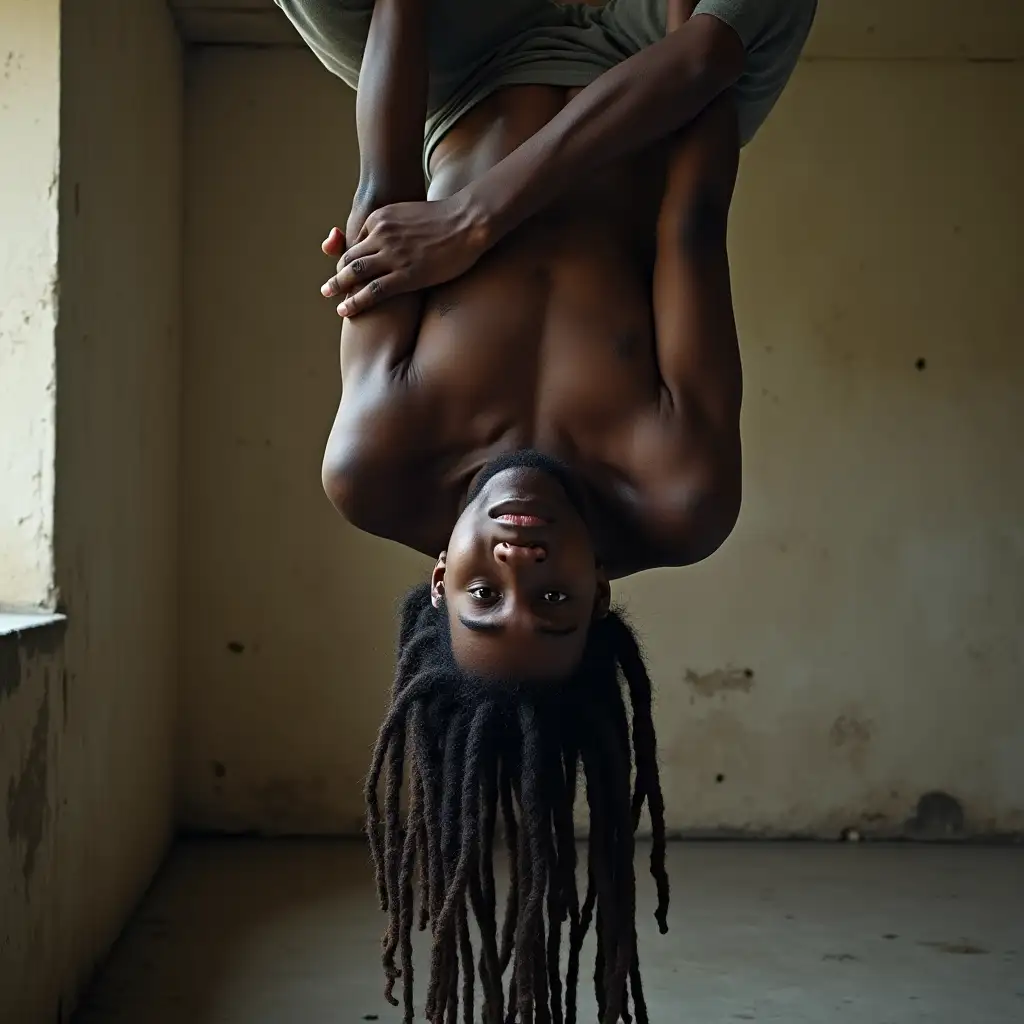 Young Black Male Upside Down with Long Dreadlocks