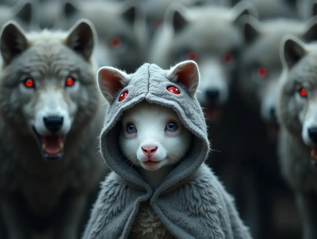 A cute little white sheep with blue eyes and a scared expression is standing. It is wearing a gray hooded cloak (with decorative sharp wolf ears and red drawn wolf eyes) that looks like a gray wolf skin, covered in thick wolf fur. The hood almost covers the sheep's face. Around the sheep there is a crowd of scary gray wolves with bared long fangs, fiery red eyes, and dirty gray skins. The sheep does not stand out from the crowd. Photorealism.