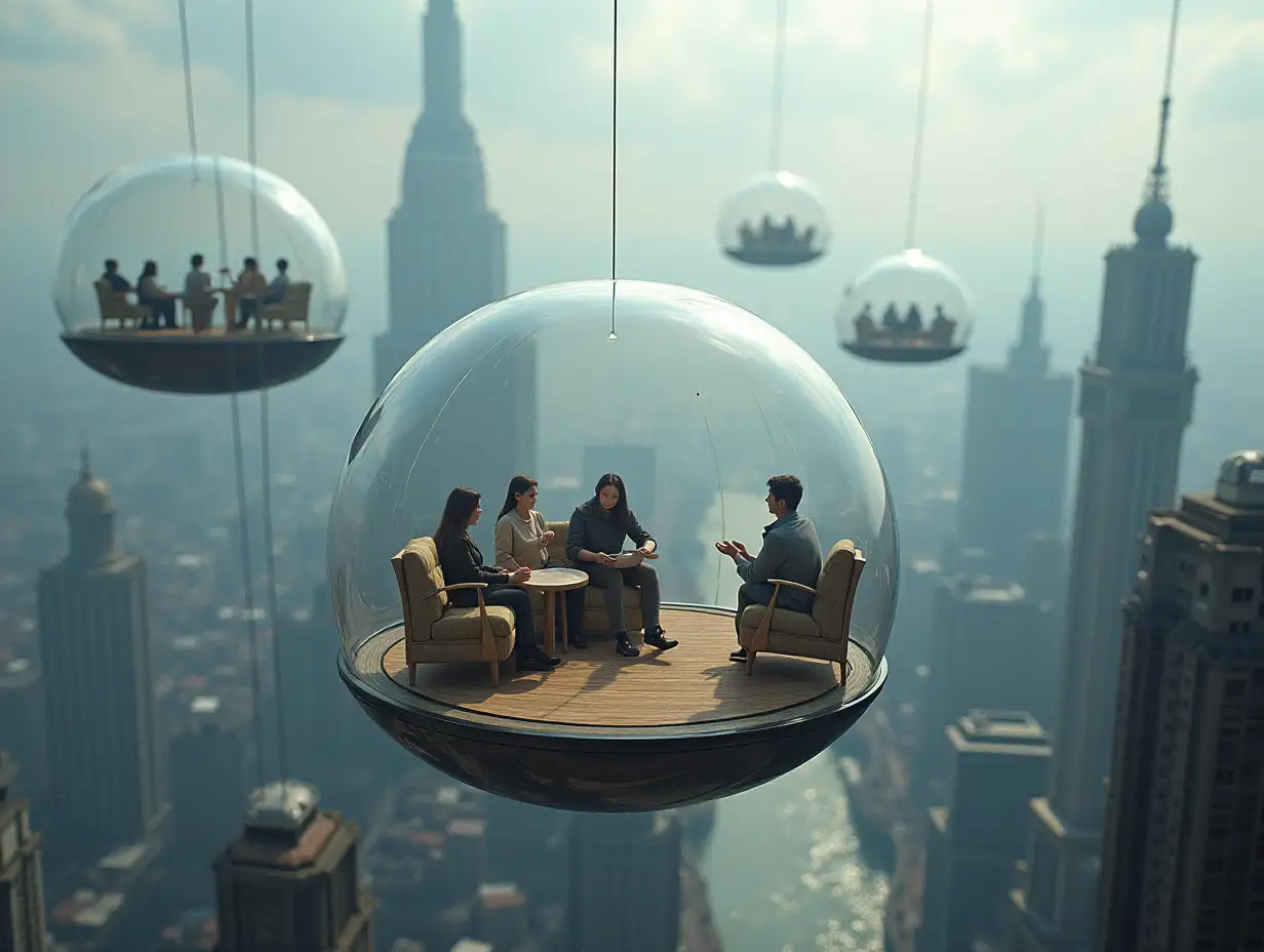 ultradetailed hyperrealistic photo-realistic portrait many flying large glass shells with seating area inside sitting people and holding onto the landscape and looking down at the city textures, surfaces and lighting to give depth, dimension and a photo-realistic appearance.in the city