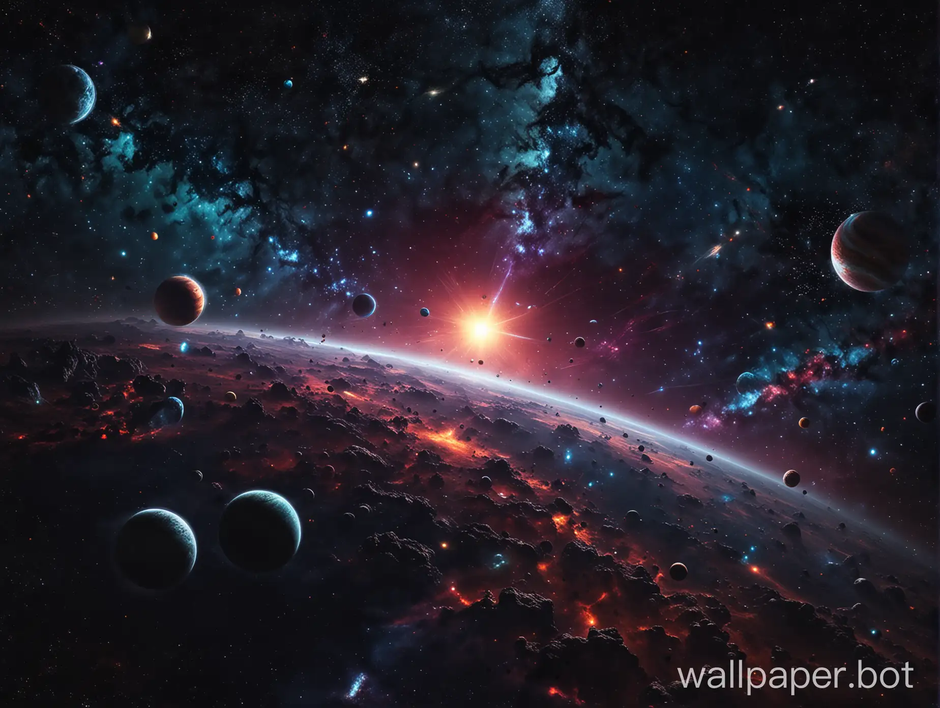 mostly dark wallpapers of space full of stars with colorful planets in the distance