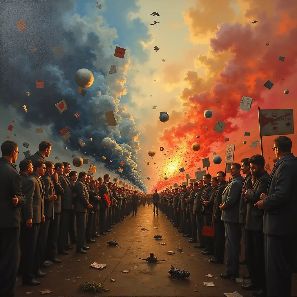 realistic painting of unequal political power ,chaotic settings