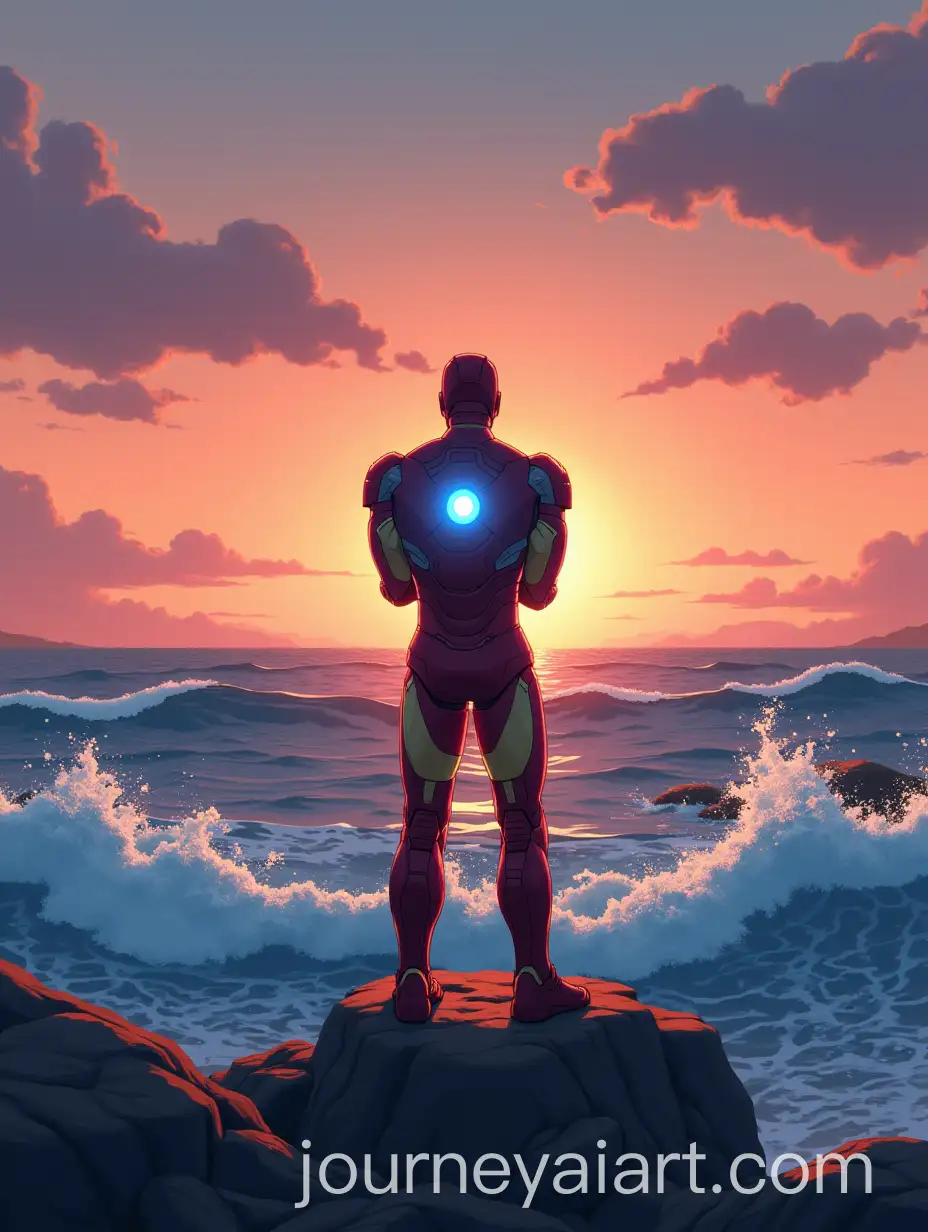 Iron-Man-Overlooking-Sunset-Waves-on-Rocky-Beach