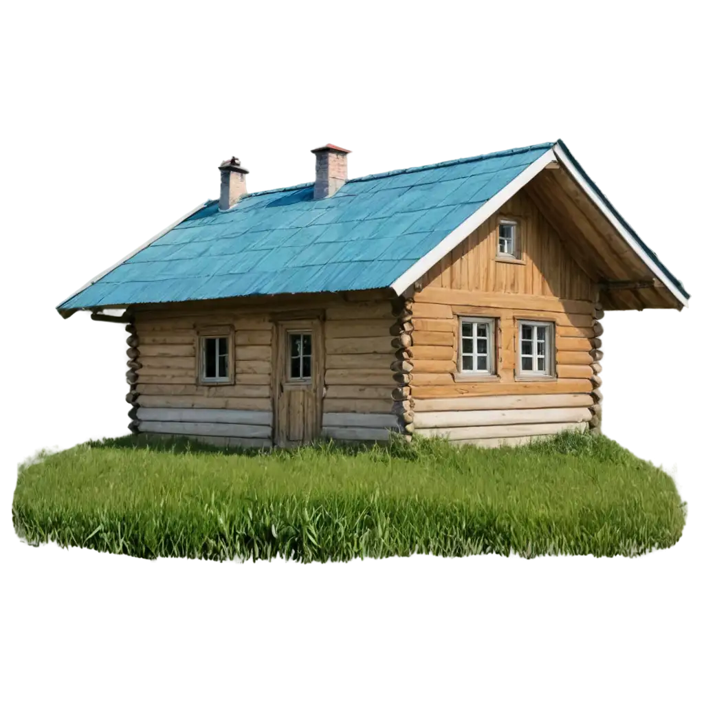 a hut in the green meadow, blue roof, old house, Slavic