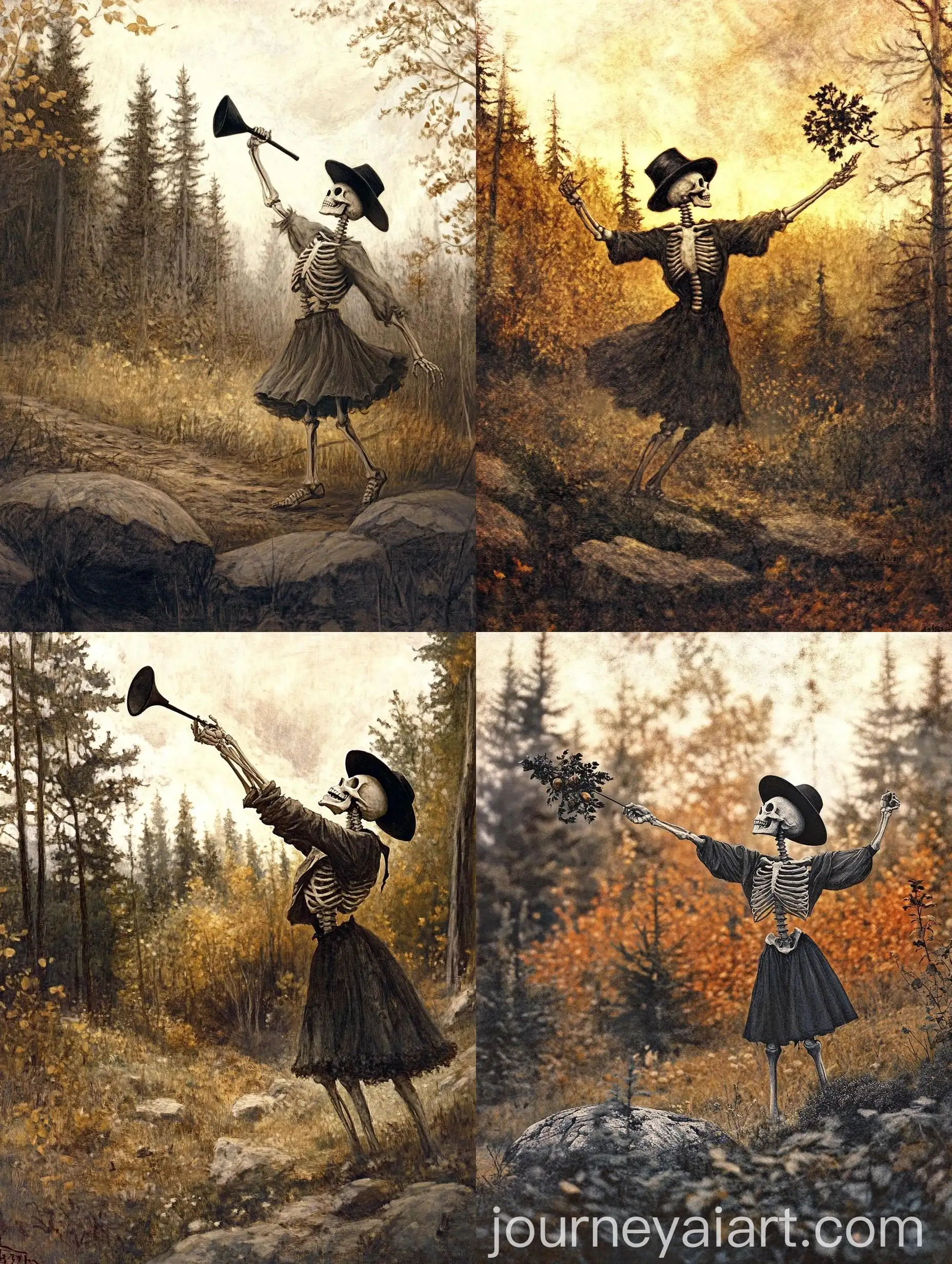 Skeleton-Man-in-Black-Hat-Dancing-in-Dark-Fantasy-Autumn-Forest