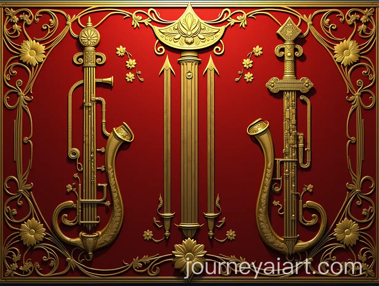Art-Nouveau-Decorative-Pattern-of-Musical-Instruments-and-Swords-on-a-Red-and-Gold-Mantle