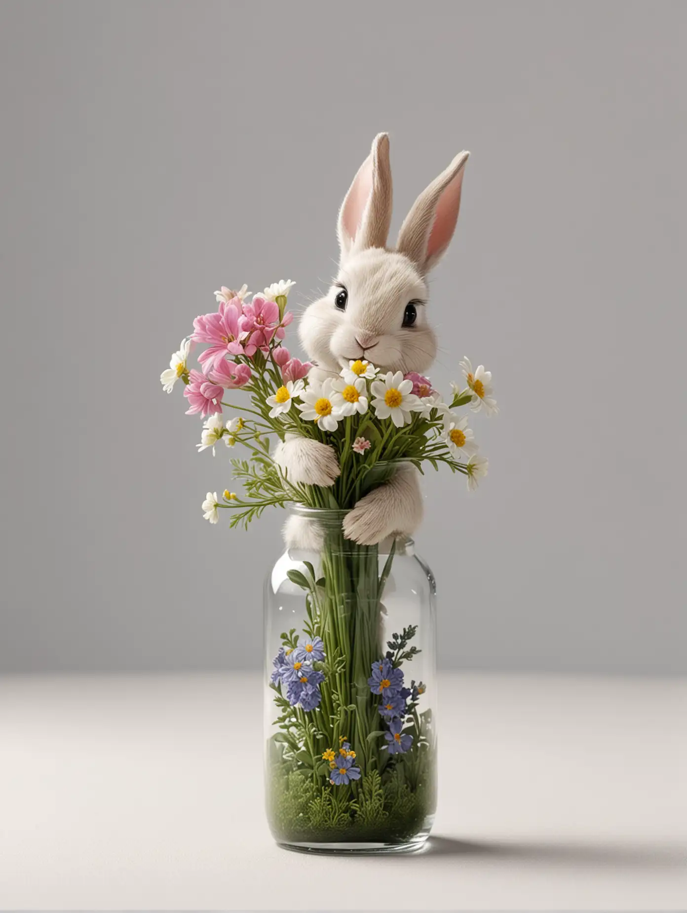 Clean background, white background, tiny scenery in a slim bottle, rabbit carrying a bouquet of flowers, cute, 8K