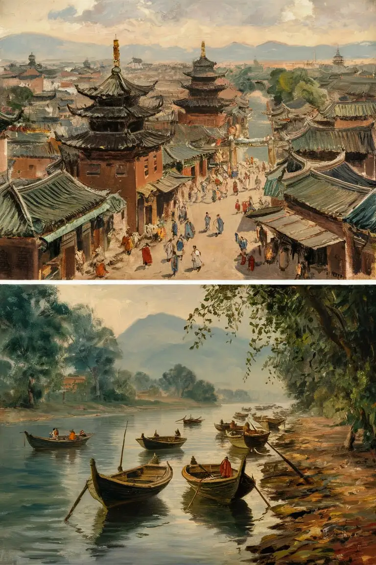 Captured perfectly in Camille Pissarro's two paintings of the wuhan china, from the 1910s.none text