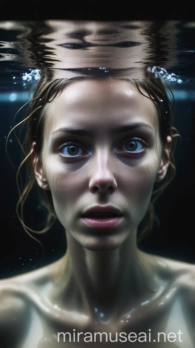 Woman Submerged Underwater Serene Face in Deep Reflection