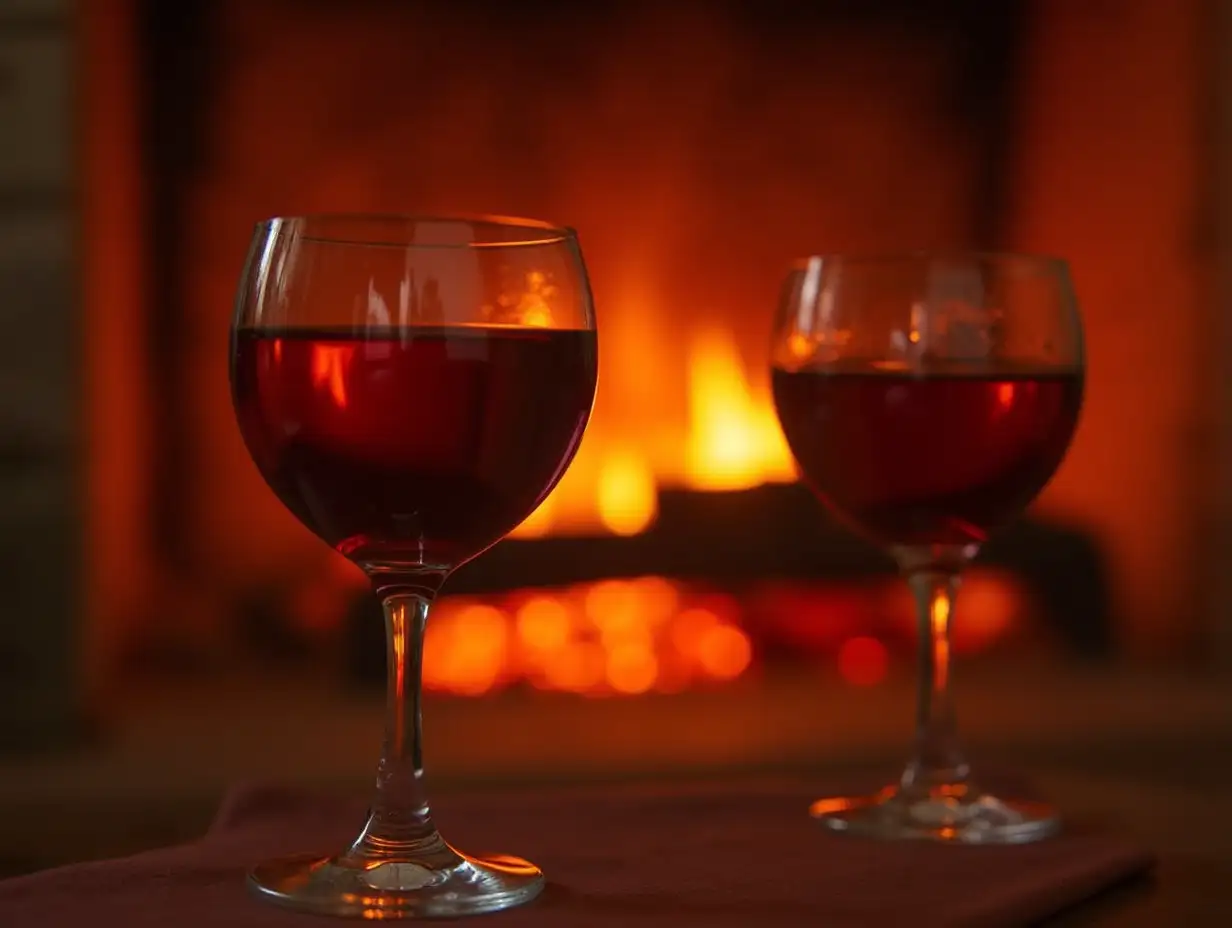 Warm-Holiday-Atmosphere-with-Red-Wine-Glasses-by-the-Fireplace