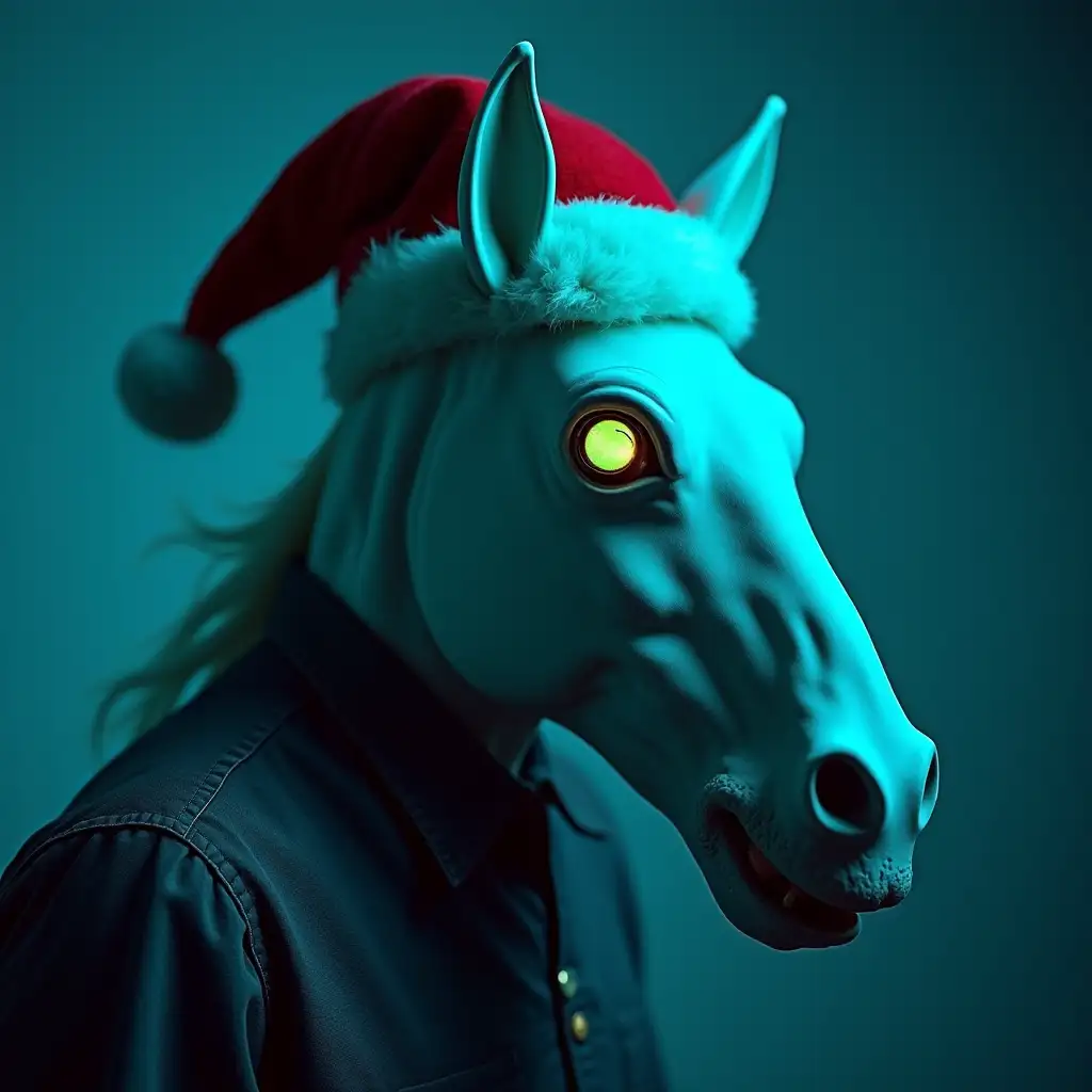 A creepy light-blue man wearing an creepy unsettling bipedal obviously fake plastic horse face mask with santa's hat looking laterally to the camera, firey emerald green eyes inside the horse mask, the mask is horsely demonicnnThe only red thing in the picture is the santa's hat, do as creepy as you can