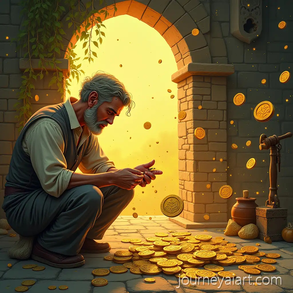 Artisan-Crafting-Floating-Golden-Coins-in-Morning-Light