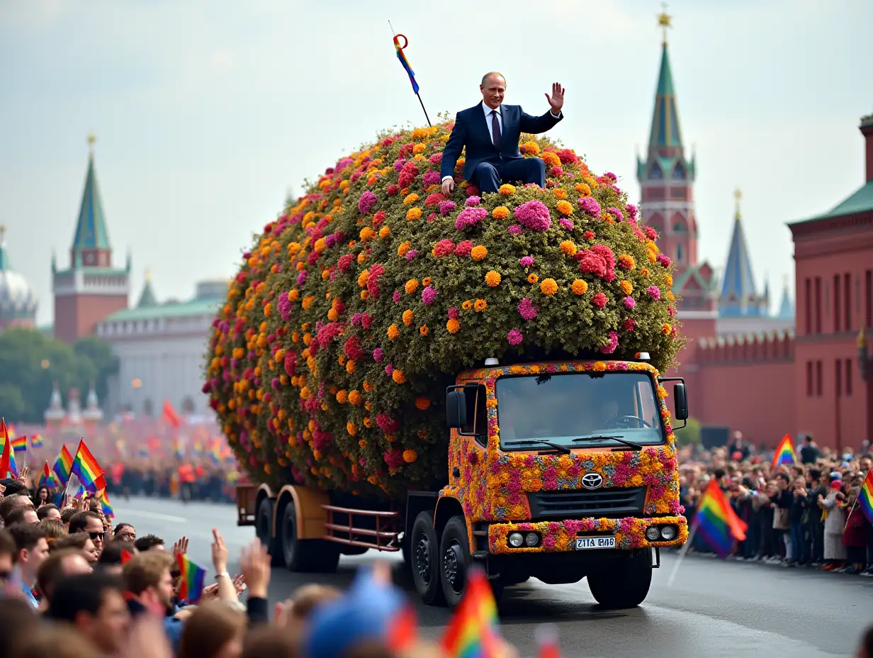 A vibrant parade takes place in Red Square, featuring a massive hazelnut tree adorned with colorful flowers and LGBT flags. Riding atop the tree is Vladimir Putin, dressed in a festive suit, waving to the cheering crowd. The tree is pulled by a truck, while performers in bright costumes dance around, celebrating unity and diversity. The atmosphere is filled with music and joy, as spectators wave flags and banners, embracing the spirit of the event.