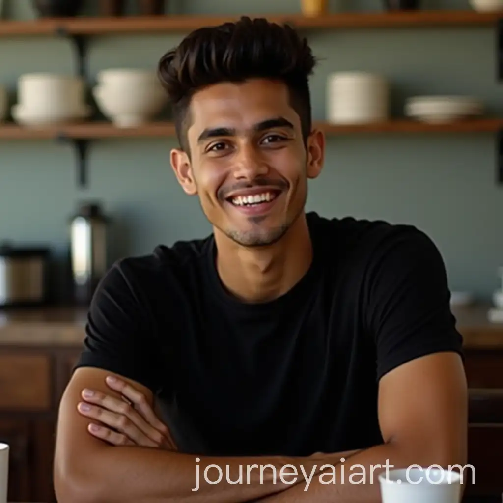 Handsome-Indian-Man-Smiling-in-Black-TShirt-at-Table