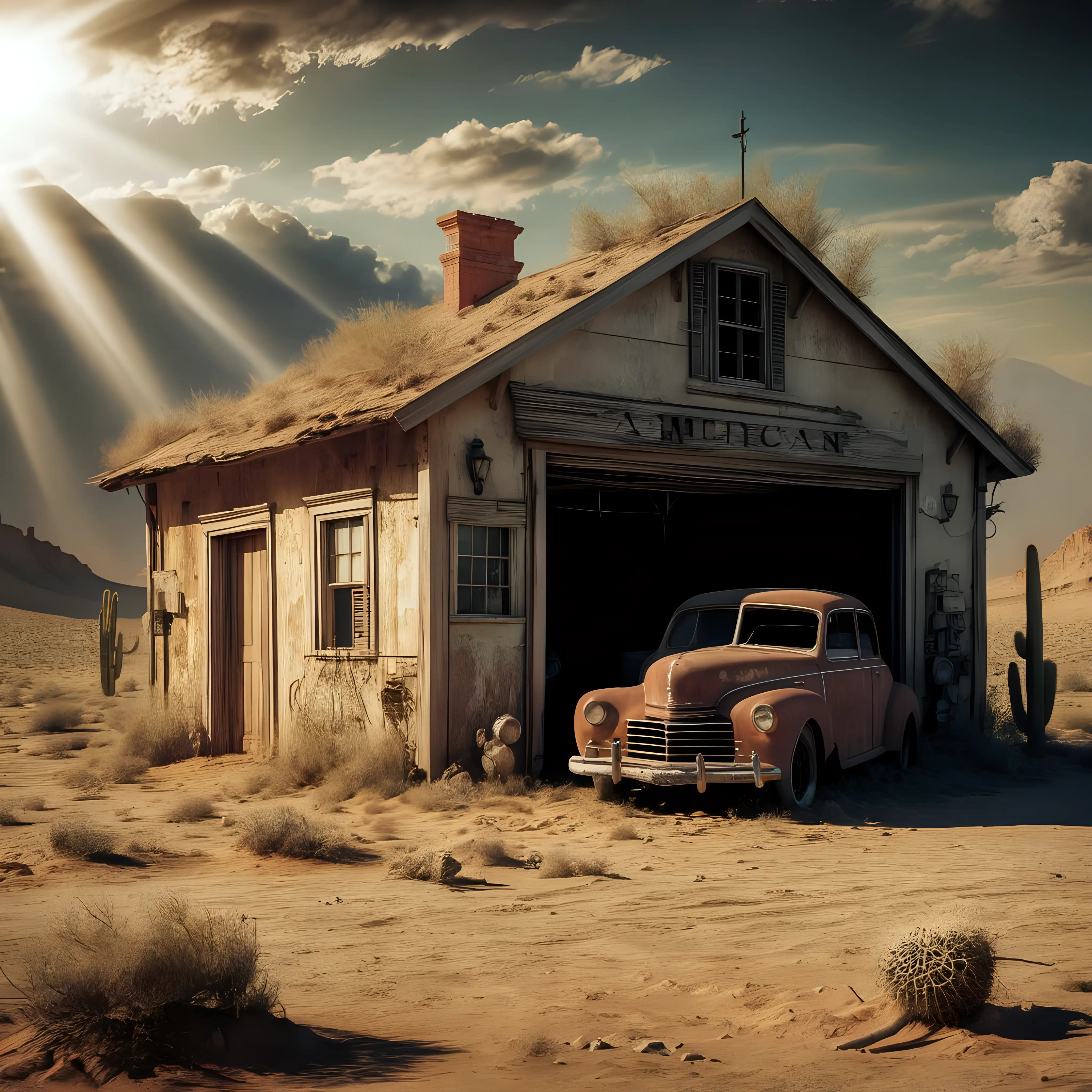 Vintage American Garage in Desert Landscape