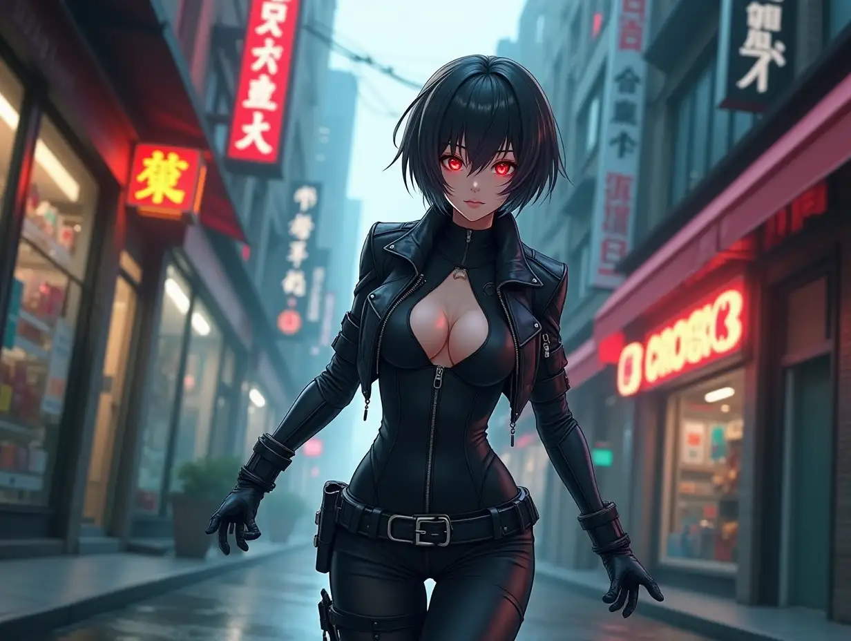 Short hair, mature Asian woman thief cyber runner in a dynamic full-length pose, eyes with red electronic pupils, large breast, extreme skintight body glove zipped down with cleavage, combat boots and combat belt. Full view of her body from boots up, low wide angle. Future store filled city alley street. Anime