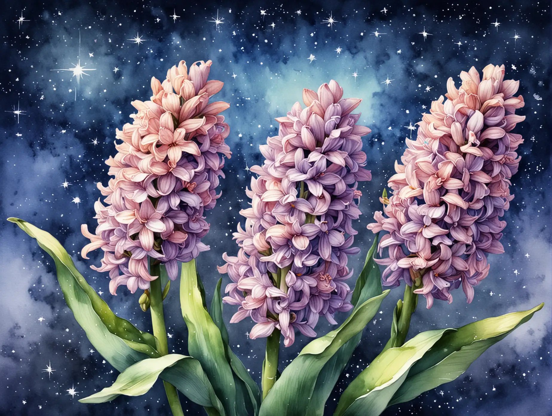 Hyacinths-on-a-Starry-Background-Detailed-Watercolor-Illustration