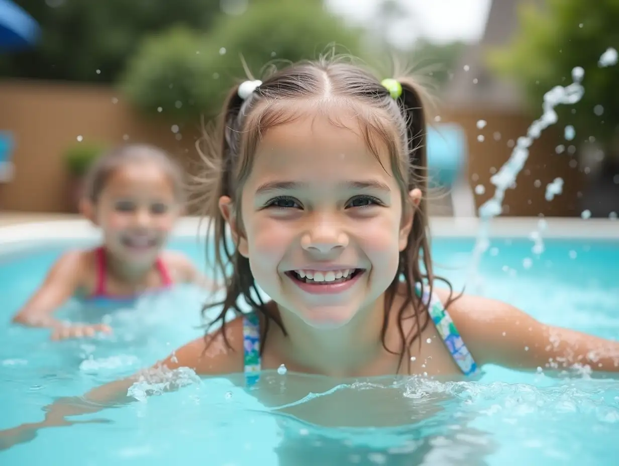 A young girl is smiling and splashing in a pool with other children. Scene is happy and playful