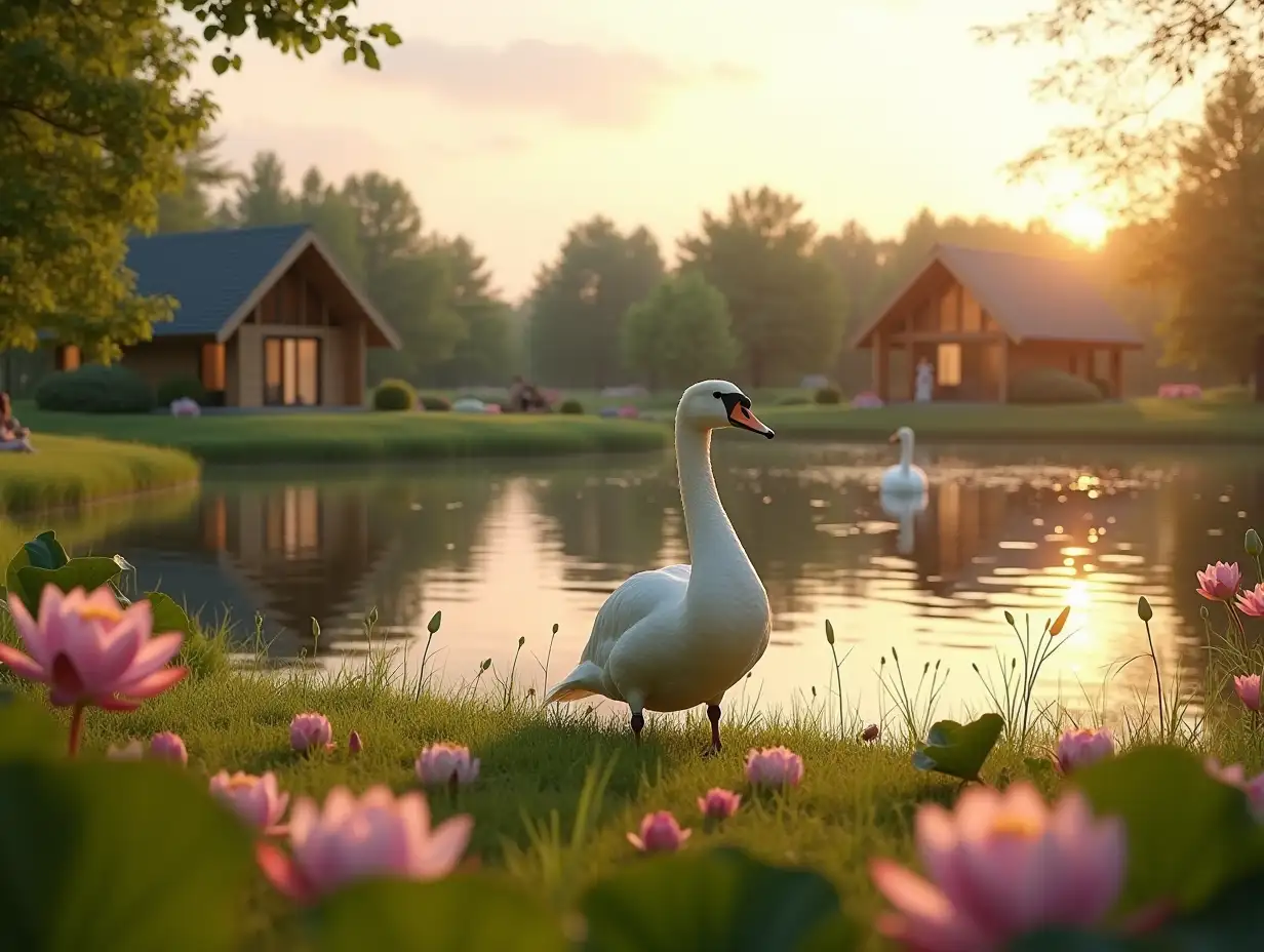 in the frame, a little remotely, there is one very cute swan standing on the grass and nearby people wondering at it, it all happens on the shore of a huge eco-pond with crystal clear water and large pink water lilies and natural gently sloping grassy banks with a bioplate of higher lake plants similar to wild ponds, and a couple more swans swim in the pond near the shores, and on the other shore there are only 3 small one-storey houses located at some distance from each other and at a distance from the shore of the pool, these houses have the appearance of a one-storey chalet with a gable roof, built from a wooden beam system consisting only of vertical wooden beams and only in the half-timbered style between glass beams - only with glass walls - with panoramic windows in all walls from floor to roof, that is, each wall is a panoramic window, at sunset and the glare of sunset light, the foreground is in focus, and the background is blurred, realistic