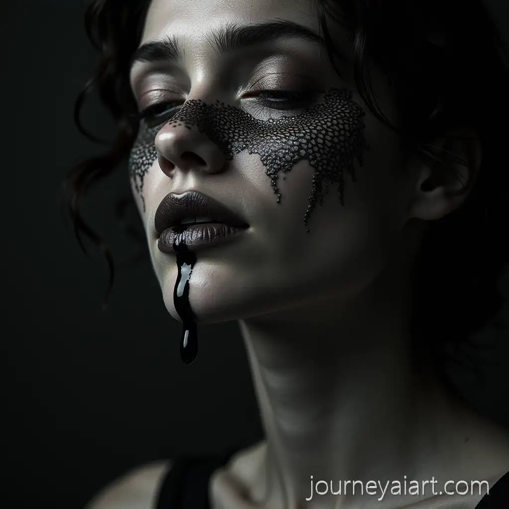 Woman-CryingWoman-crying-black-liquid-Black-Liquid-in-Black-and-White-with-Snake-Scale-Texture