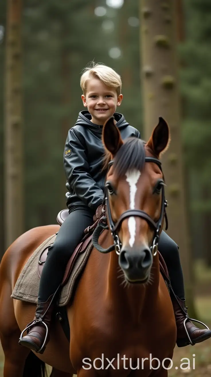 Young-Blond-Boy-Riding-a-Freckled-Horse-in-the-Woods