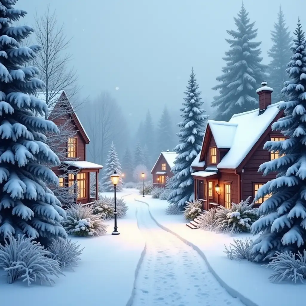 winter landscape, snowy trees, houses with Christmas decorations, soft snow falling