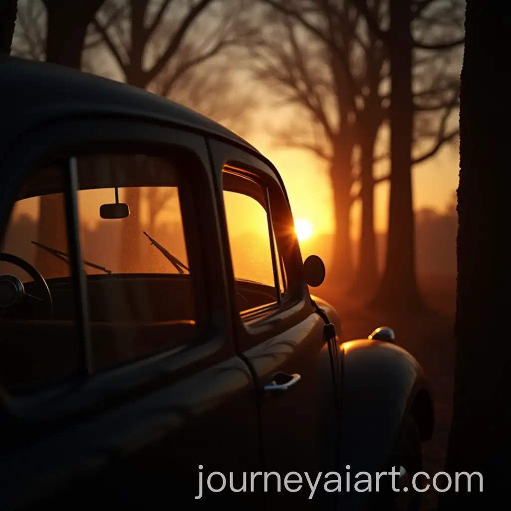 Vintage-Car-Window-Glowing-at-Sunset-Behind-Trees