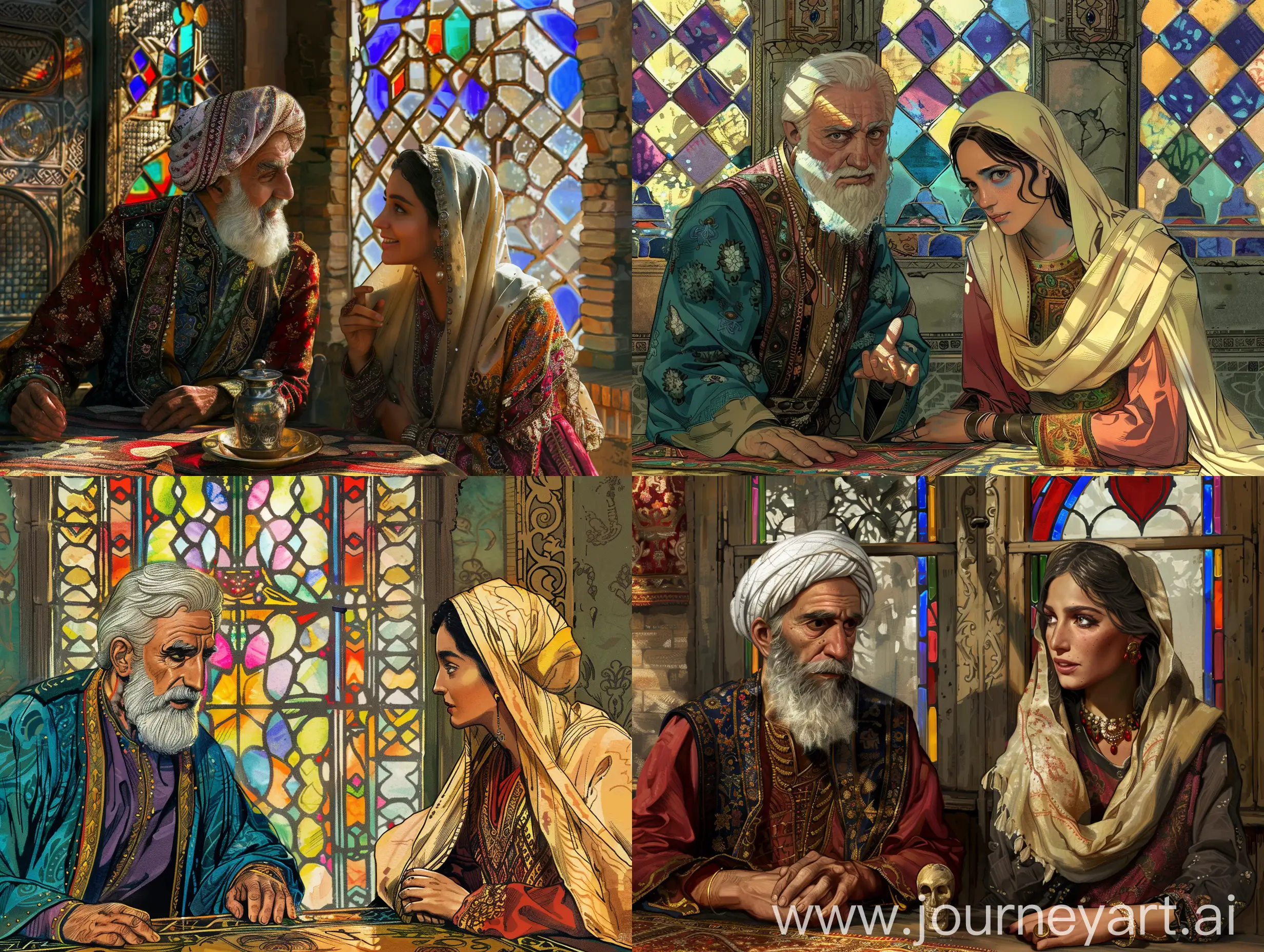 Persian-Man-and-Woman-in-Traditional-Attire-Conversing-in-Old-Persian-Room-with-Stained-Glass