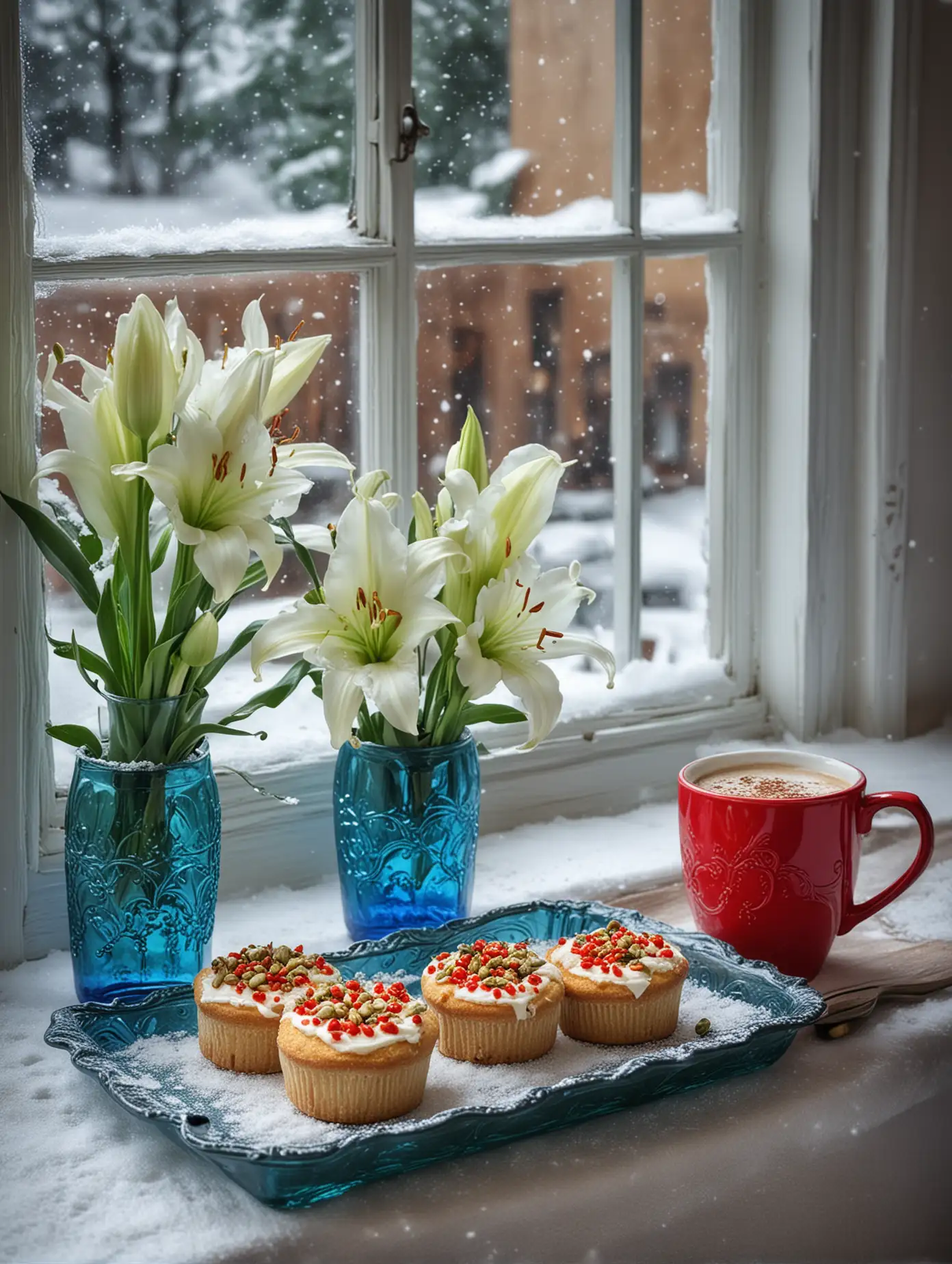 Red-Coffee-Cups-with-Biscuit-Cake-and-White-Lilies-on-a-Wintery-Green-Glass-Window-Sill