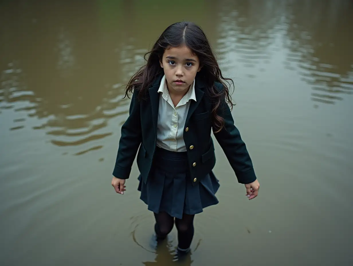 A schoolgirl in uniform, with a skirt, jacket, blouse, dark tights, high heels. Swimming in a dirty pond, clothing is completely wet, under water, fully submerged, completely soaked, wet clothes stick to the body, diving into the water