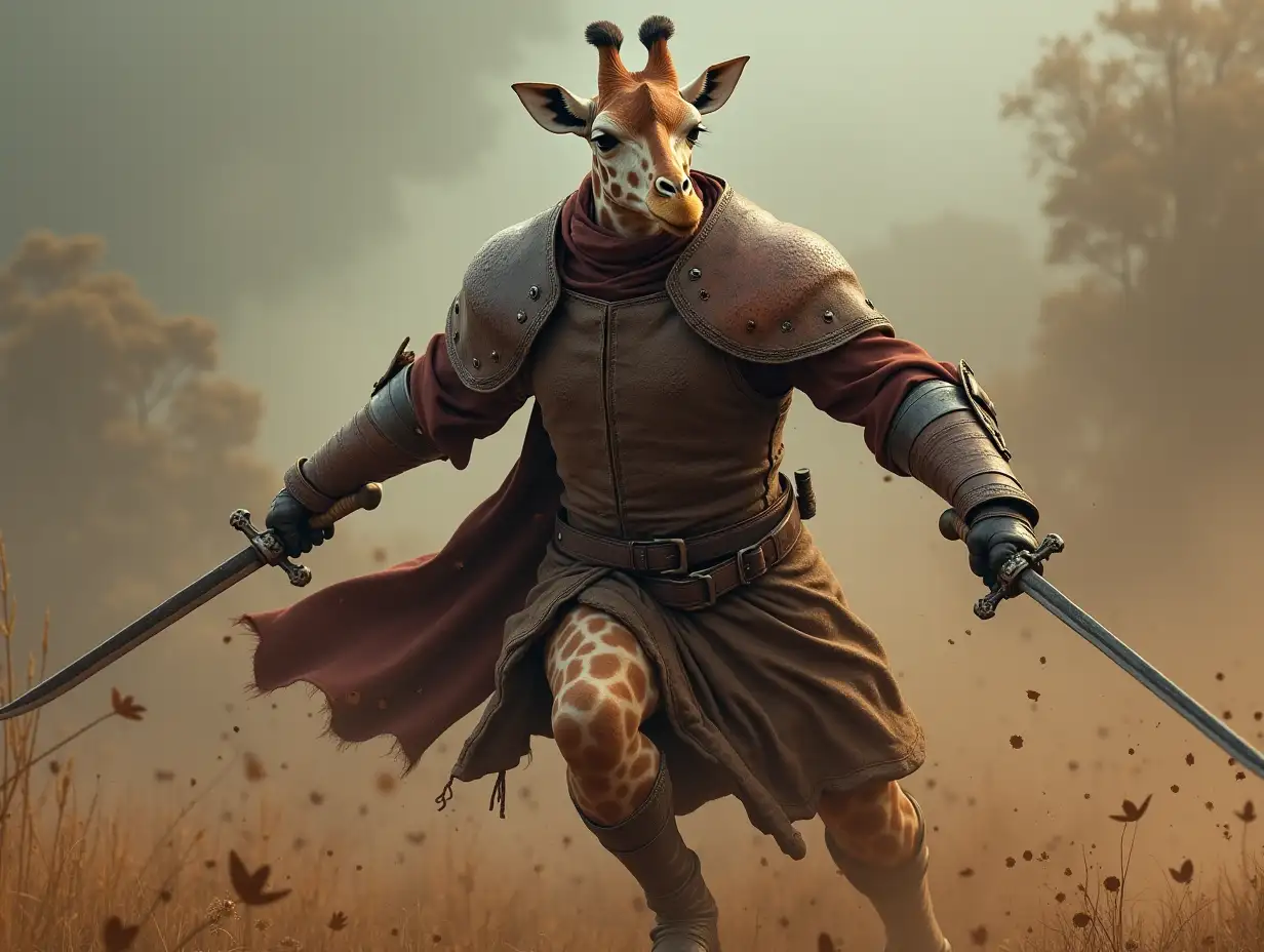 Giraffe with leather armor and sword in fight