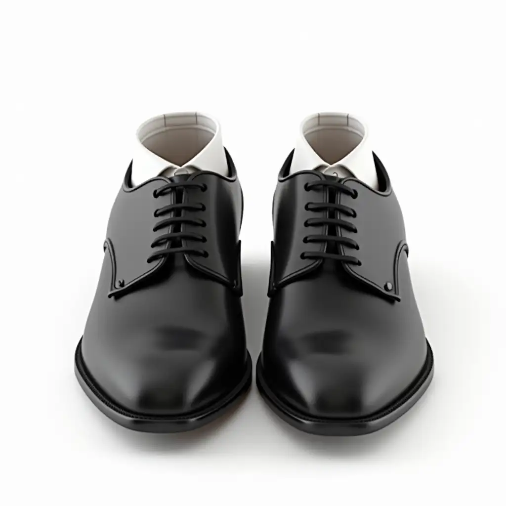 Create a hyper-realistic image of a pair of formal black dress shoes where the laces are entirely replaced with a neatly folded white dress shirt and a perfectly knotted black tie. The shirt seamlessly emerges from the lace eyelets, fitting naturally into the shoe's structure, while the tie hangs down in place of traditional laces. The shoes maintain their polished leather texture and classic shape, but the integration of the shirt and tie is flawless, making them appear both surreal and functional. The background is plain white for a clean, minimalistic focus on the transformation.