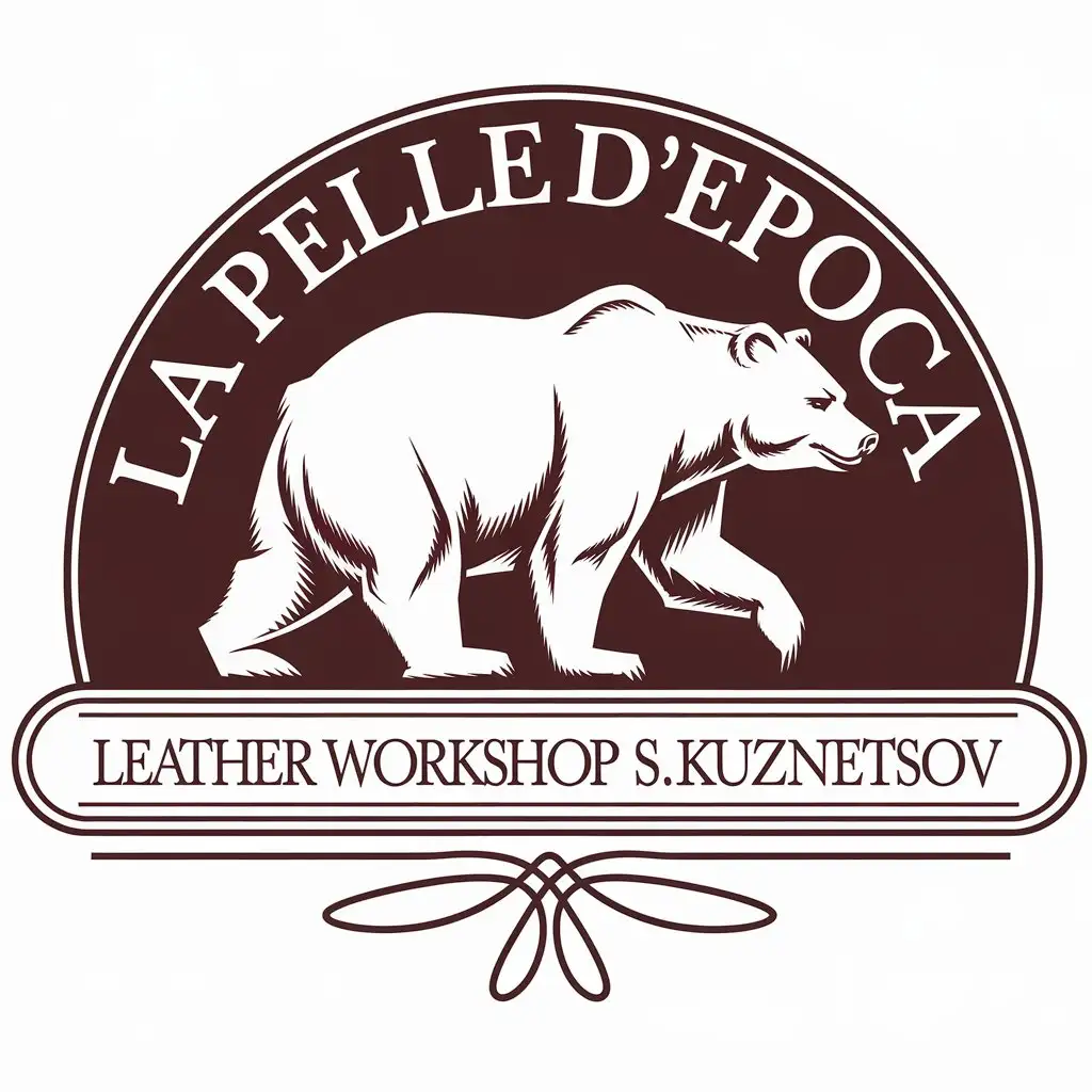 a vector logo design,with the text "La Pelle d'Epoca", main symbol:white bear walking to the right . On the right side of the bear above inscription: La Pelle d'Epoca. Below it a line under which inscription: Leather workshop S.Kuznetsov,complex,be used in leather craft industry,clear background