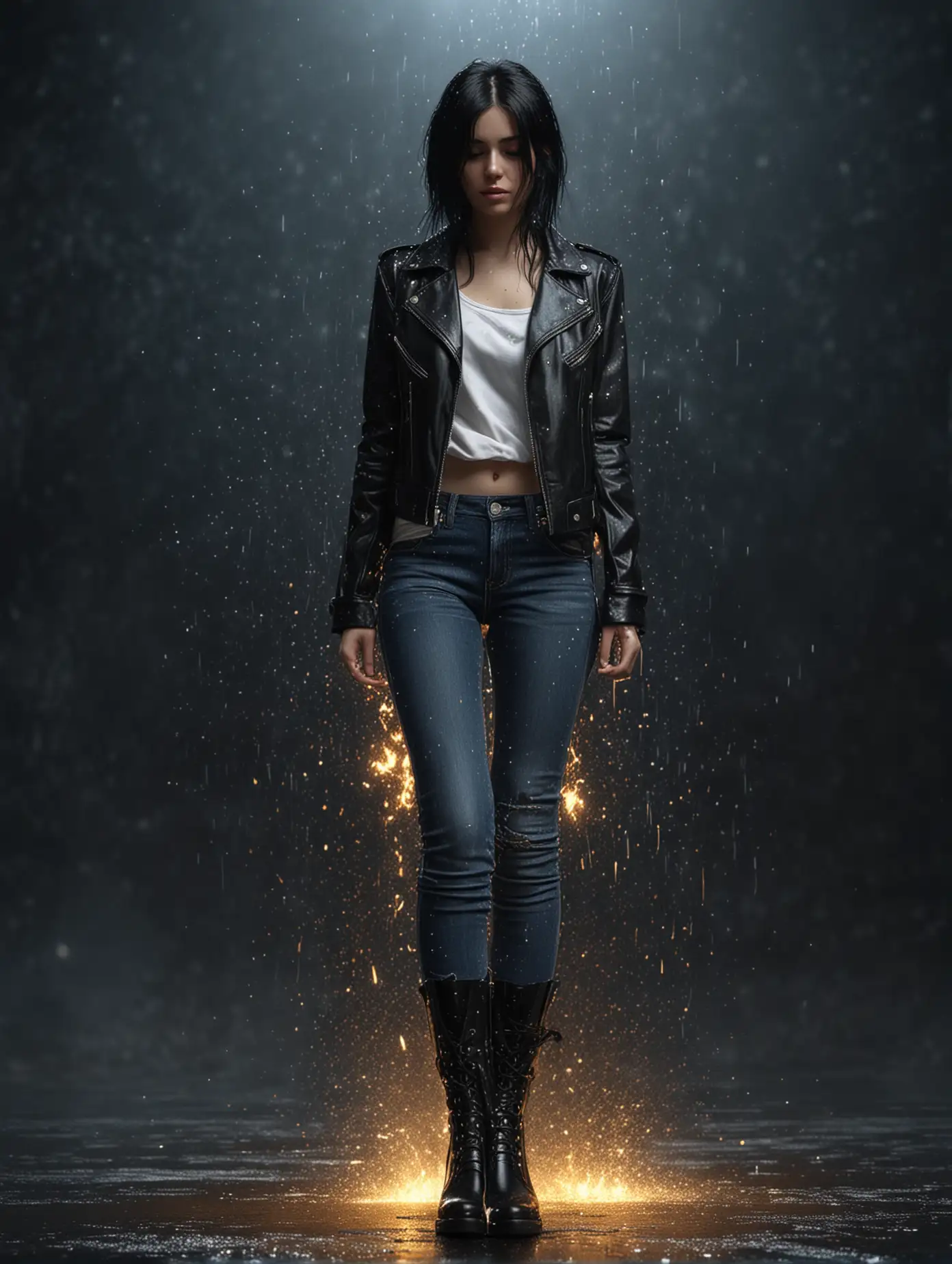 Person-in-Black-Jacket-with-Golden-Sparkling-Rain-and-Fire-in-Dark-Space