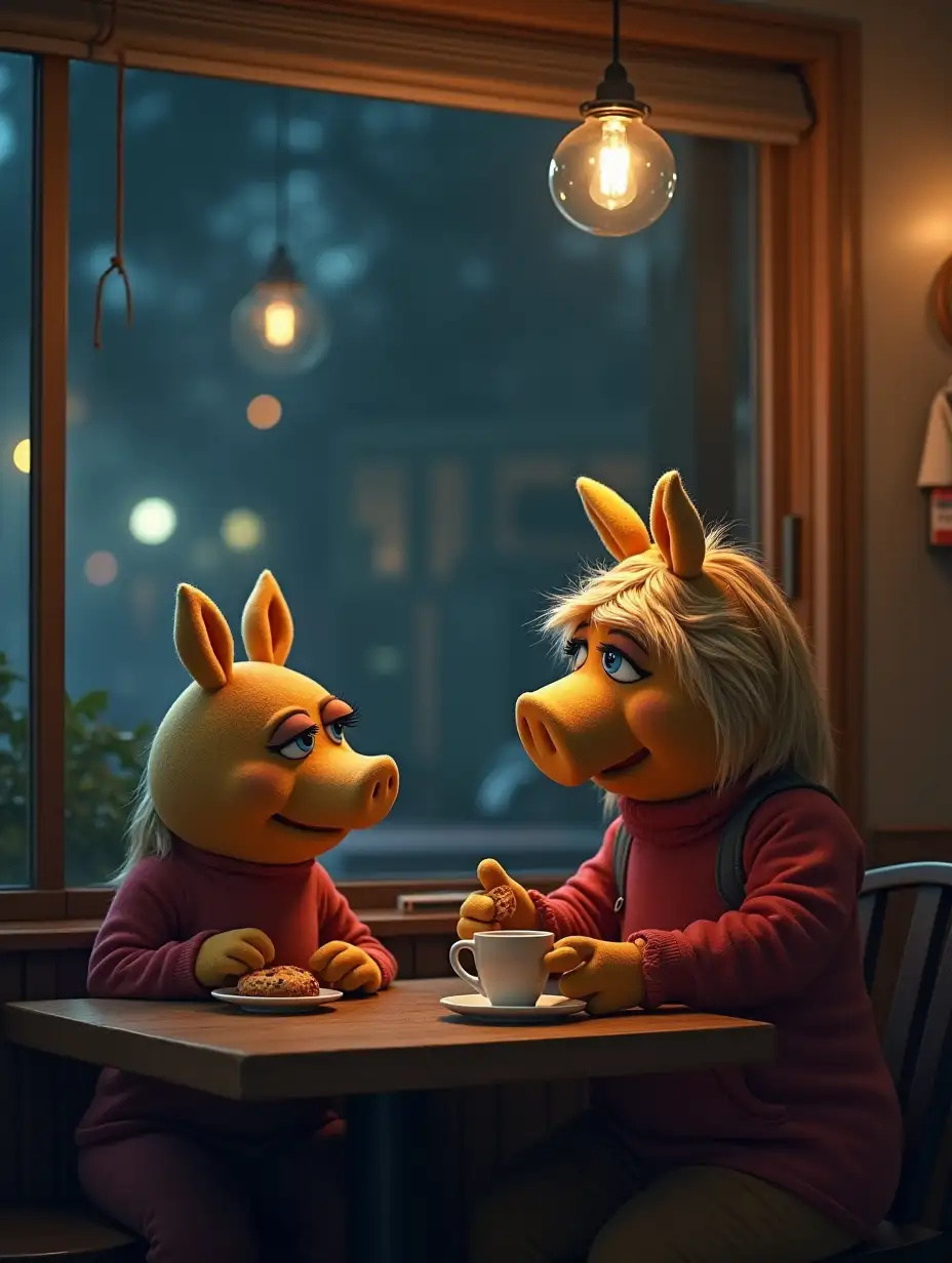 it is nighttime and miss piggy and a little boy are at a coffee shop together. The little boy is eating a cookie while Miss Piggy is having a cup of coffee