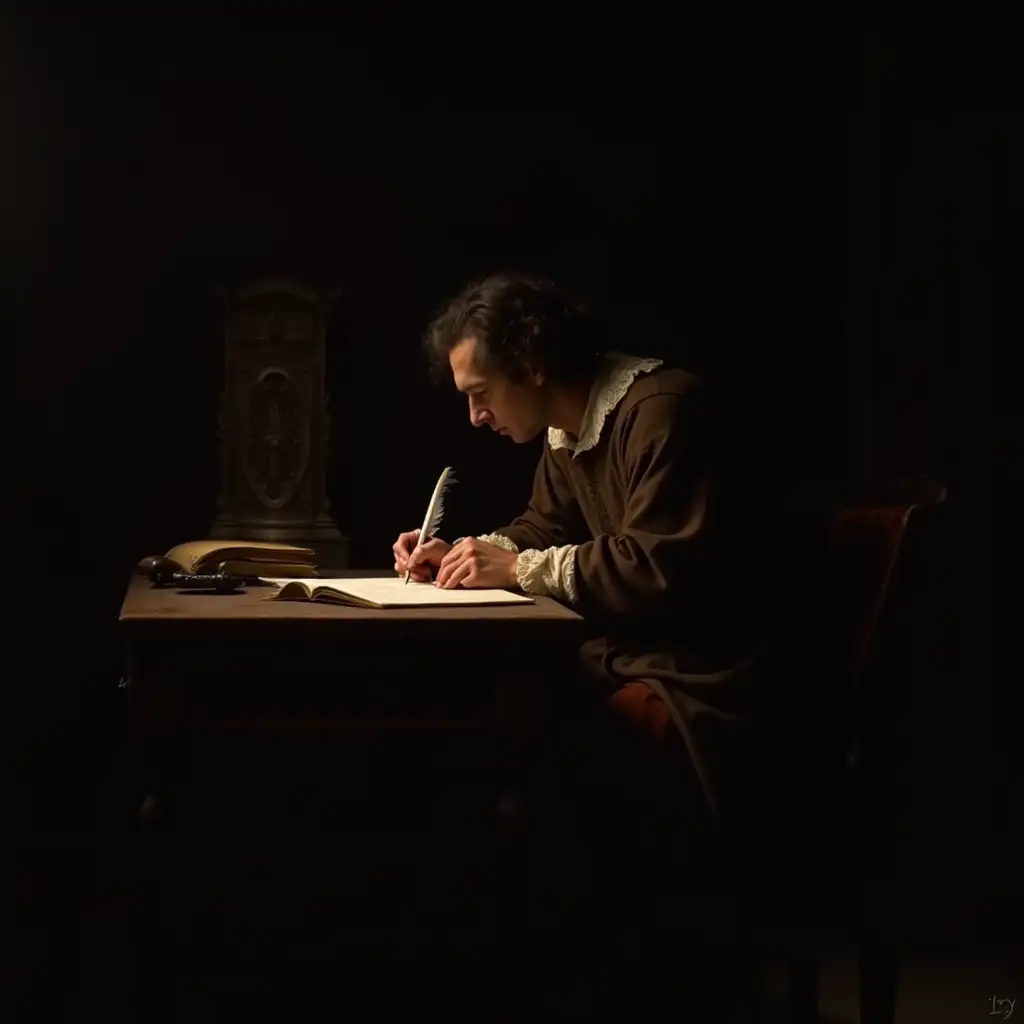 17thCentury-Writer-Seated-at-Desk-with-Quill-in-Dark-Room-Caravaggio-Style