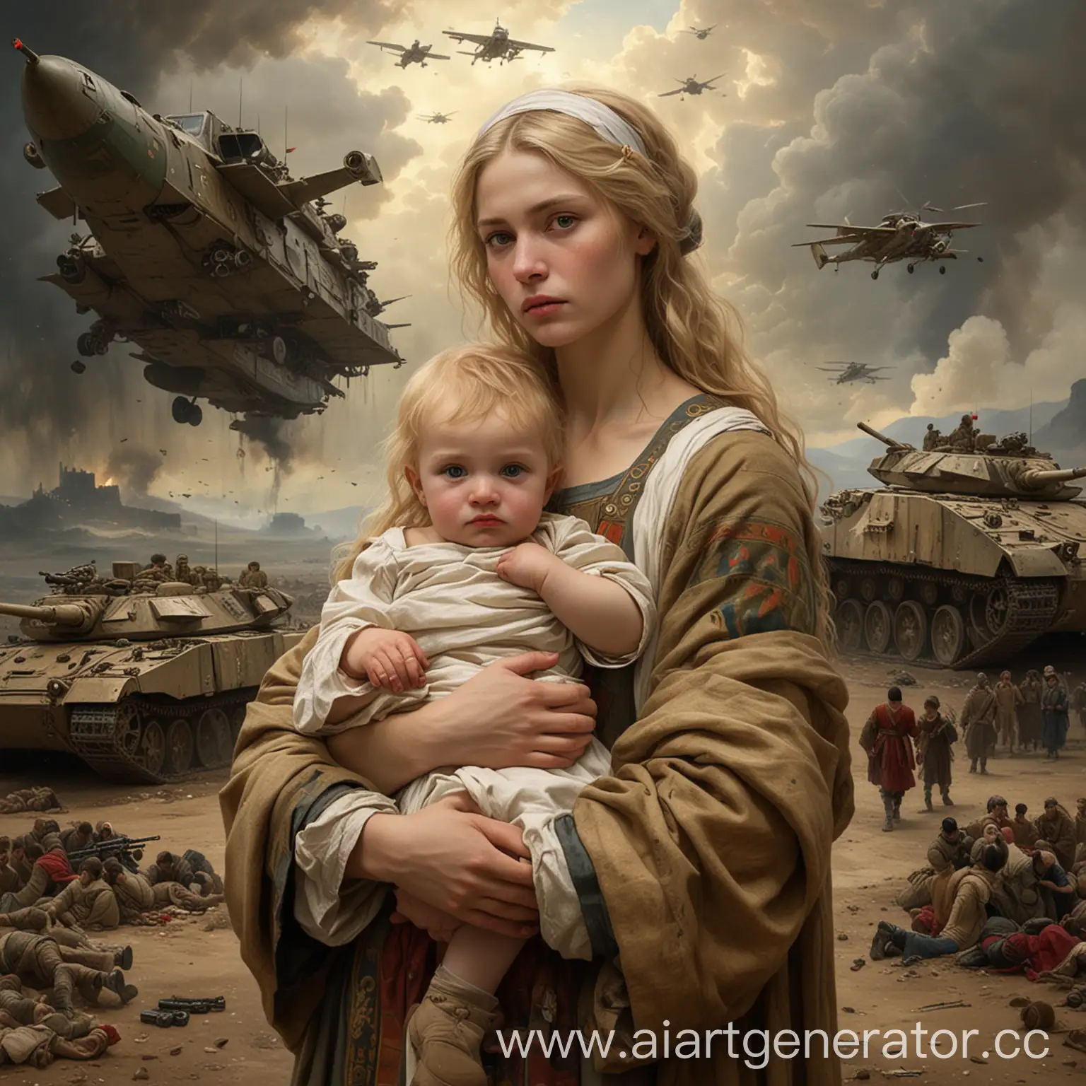 Mother-and-Children-in-Apocalyptic-Battlefield-Gustav-Klimt-Style