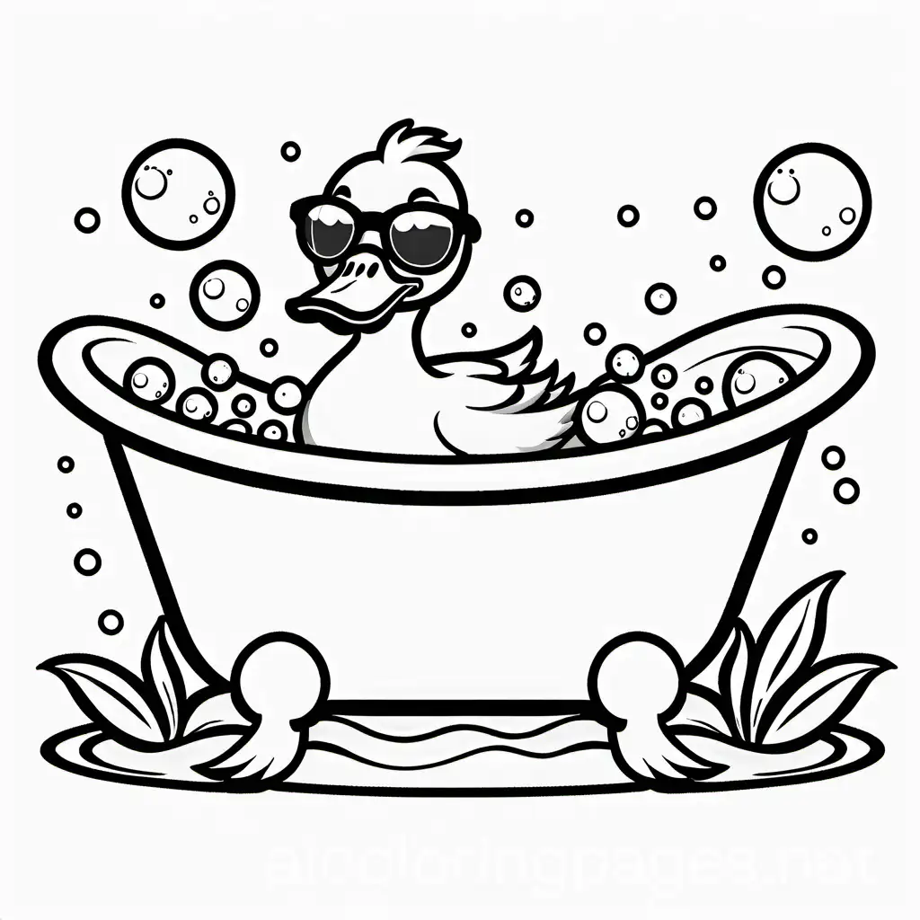 Coloring-Page-Duck-in-Huge-Bathtub-with-Bubbles-and-Sunglasses