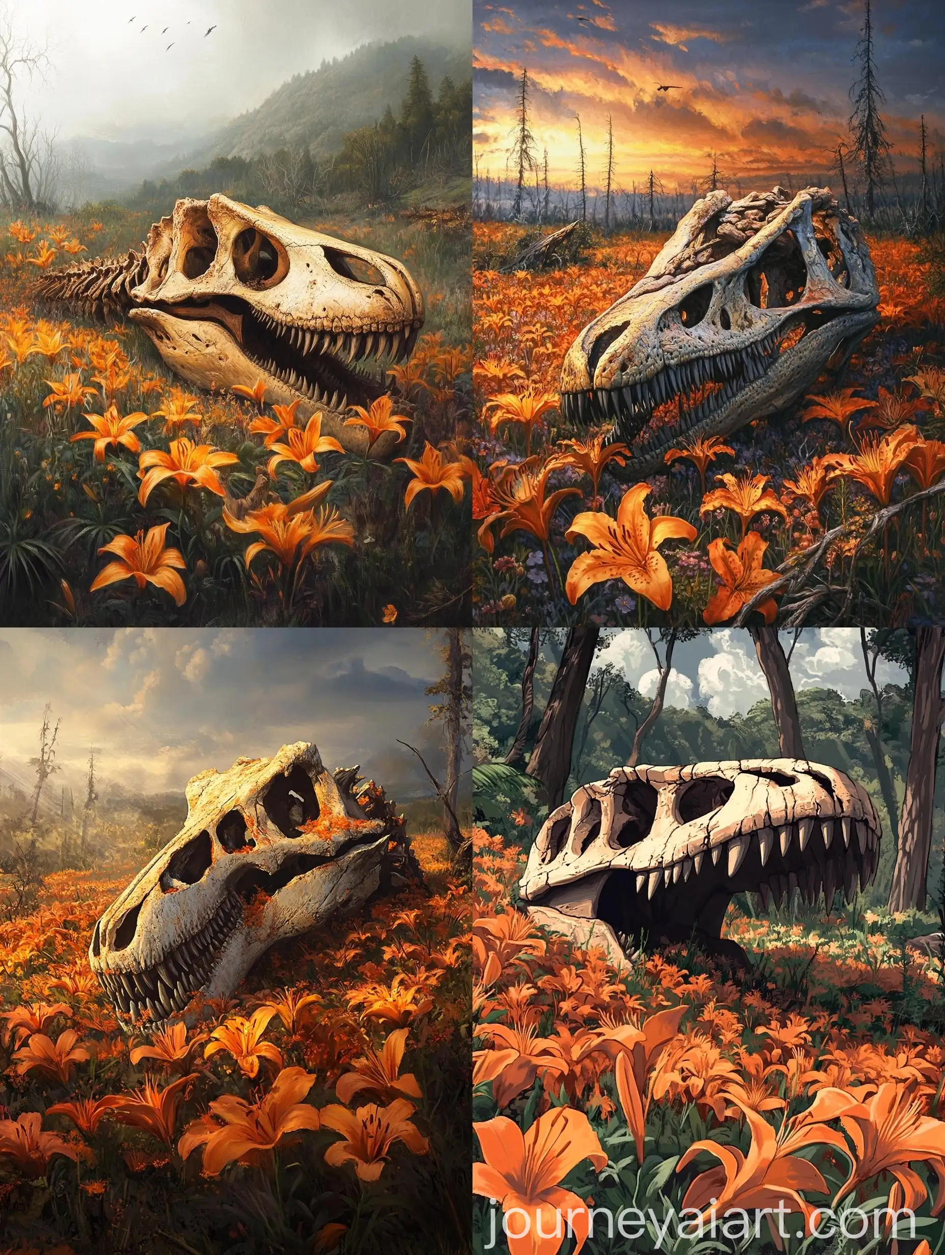 Gigantic-Mosasaur-Skull-in-Orange-Lily-Field-at-Sunset