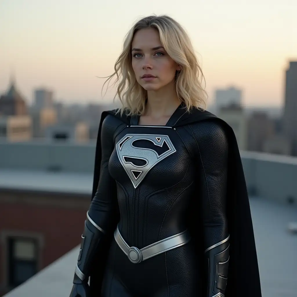 Half Length View of Milly Alcock (20 years old, Accurate shoulder-length blonde hair darker at the roots, slightly disheveled and loose but wilder) as young Kara Zor-El/Supergirl from the upcoming Supergirl: Woman of Tomorrow Movie wearing a sleeker, more timeless dark suit deep/obsidian black with silver accents. The glyphs etched into the fabric remain prominent but glow faintly silver and textured with intricate angular, sharper Kryptonian glyph designs, The fabric retains its alien, slightly metallic sheen but now appears darker and more imposing. The crest of the House of El is rendered in metallic silver, gleaming in low light, The black cape is made of a heavier material, The neckline is slightly higher, framing her face and lending a more armored, protective aesthetic. Her gauntlets and boots feature more defined ridges and angular designs, suggesting that the suit has been upgraded for combat. (Her black suit being a nod to Henry Cavill's Superman black suit from Zack Snyder's Justice League) Atop of a rooftop in Metropolis (DCU Universe accurate version) at Noon Setting. (4K Resolution Photo and HDR)