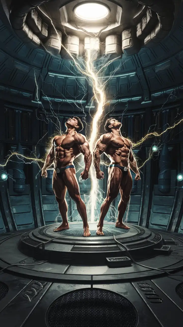 In a secret futuristic bunker. Supercharged brawn. Herculean powers. Golden electrical glow. 2 27-year-old musclegod bodybuilders stand on a dais, rearing back in ecstasy as a swirling torrent of electricity and energy gives them awesome superpowers. Photorealistic.